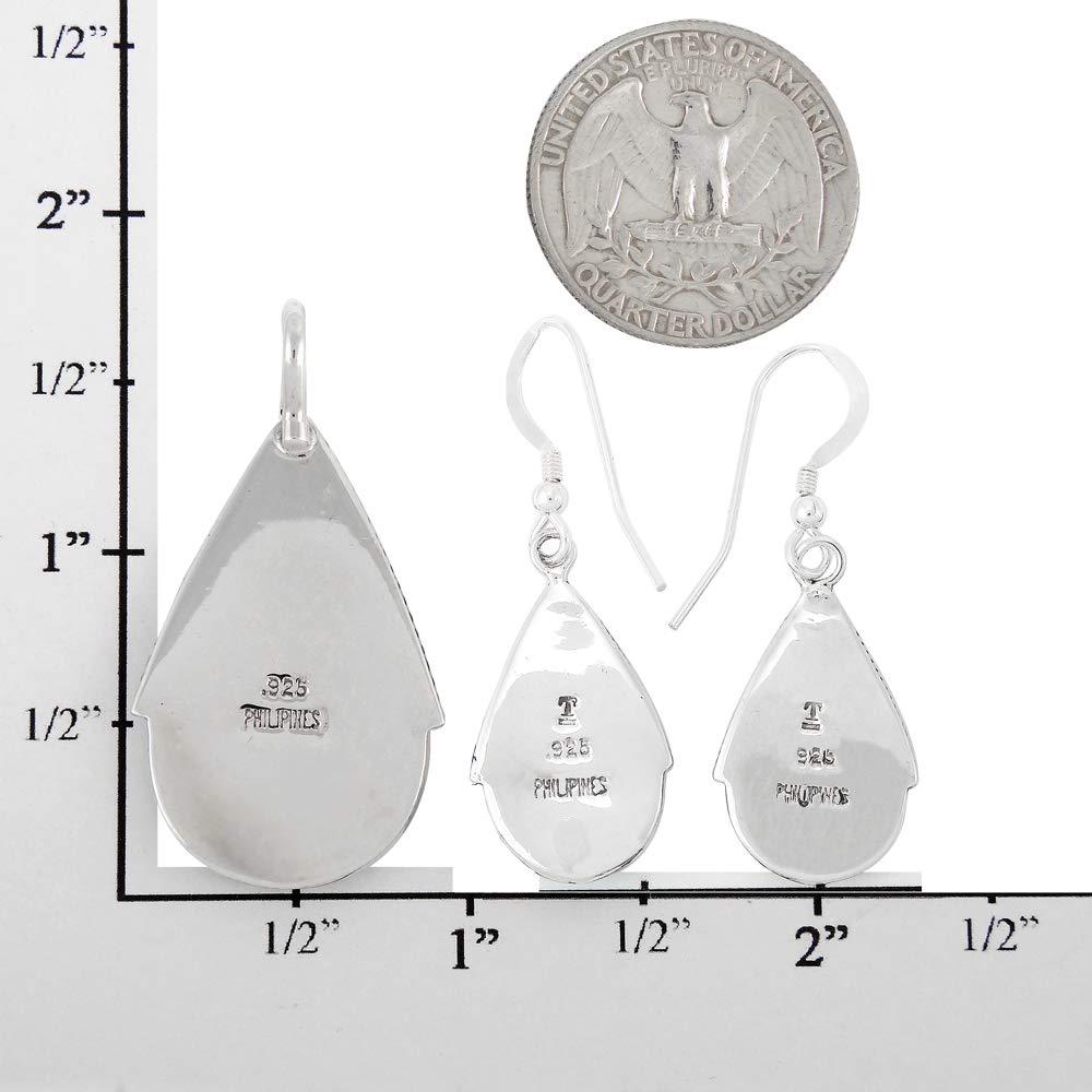 Genuine Gemstones Necklace Earrings Pendant Set 925 Sterling Silver (24" Length) (Matrix Turquoise)