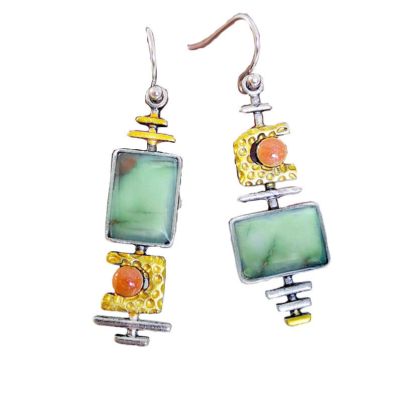 Vintage Square Green and Orange Stone Earrings