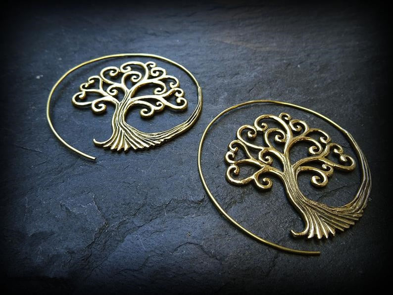 Large Gold Plated Spiral Tree of Life Earrings