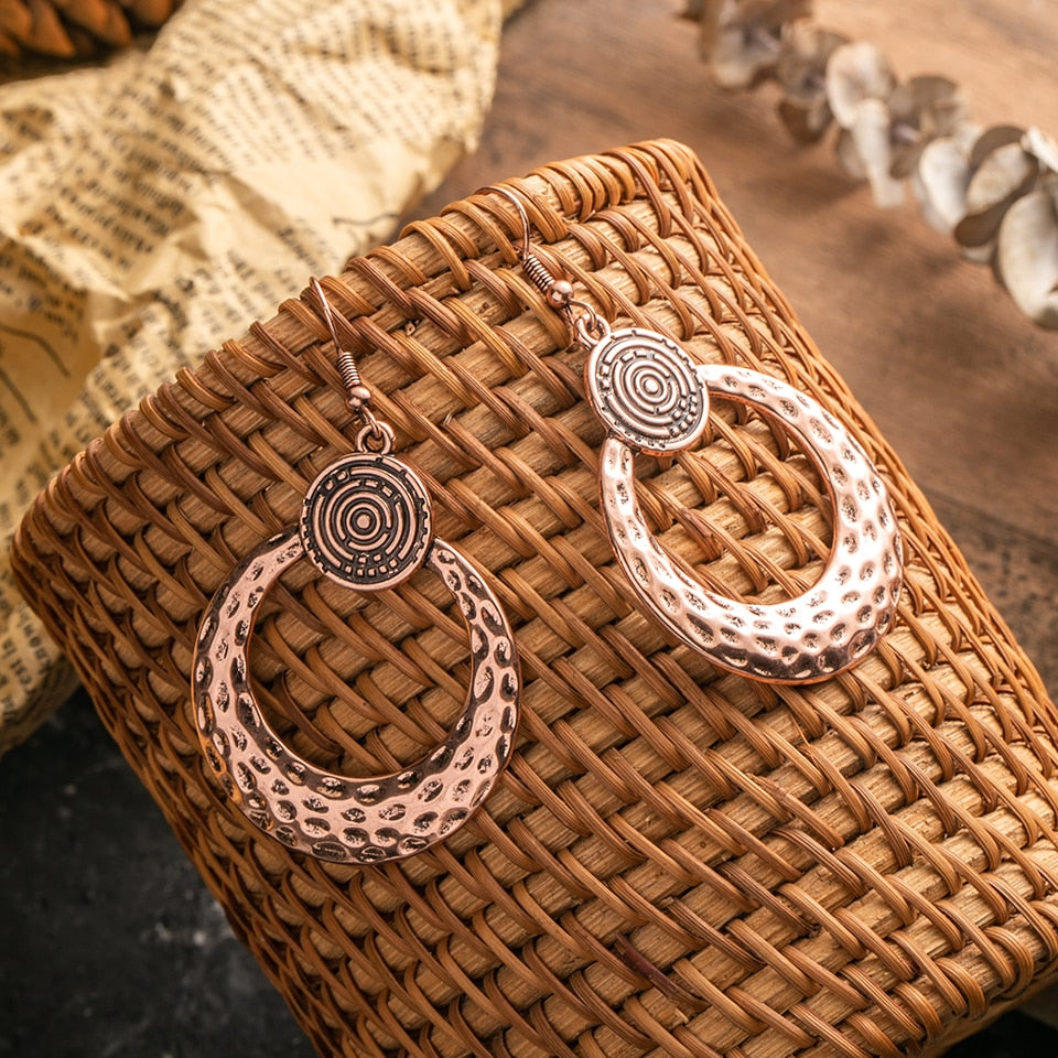 Rose Golden Matt Golden Circle Round Dangle Drop Earrings