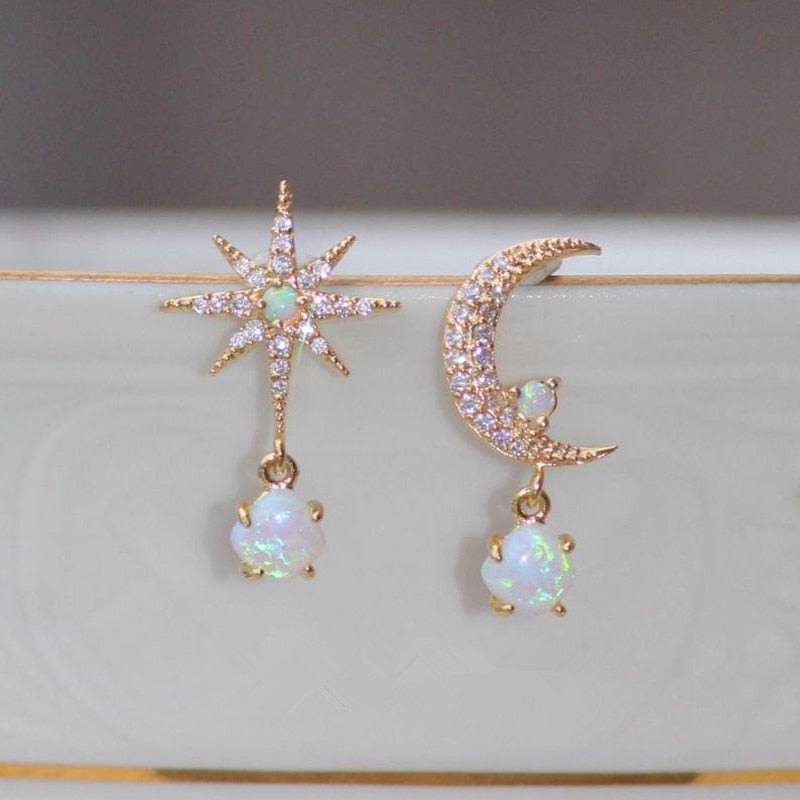 Tiny Opal Moon and Star Stud Earring