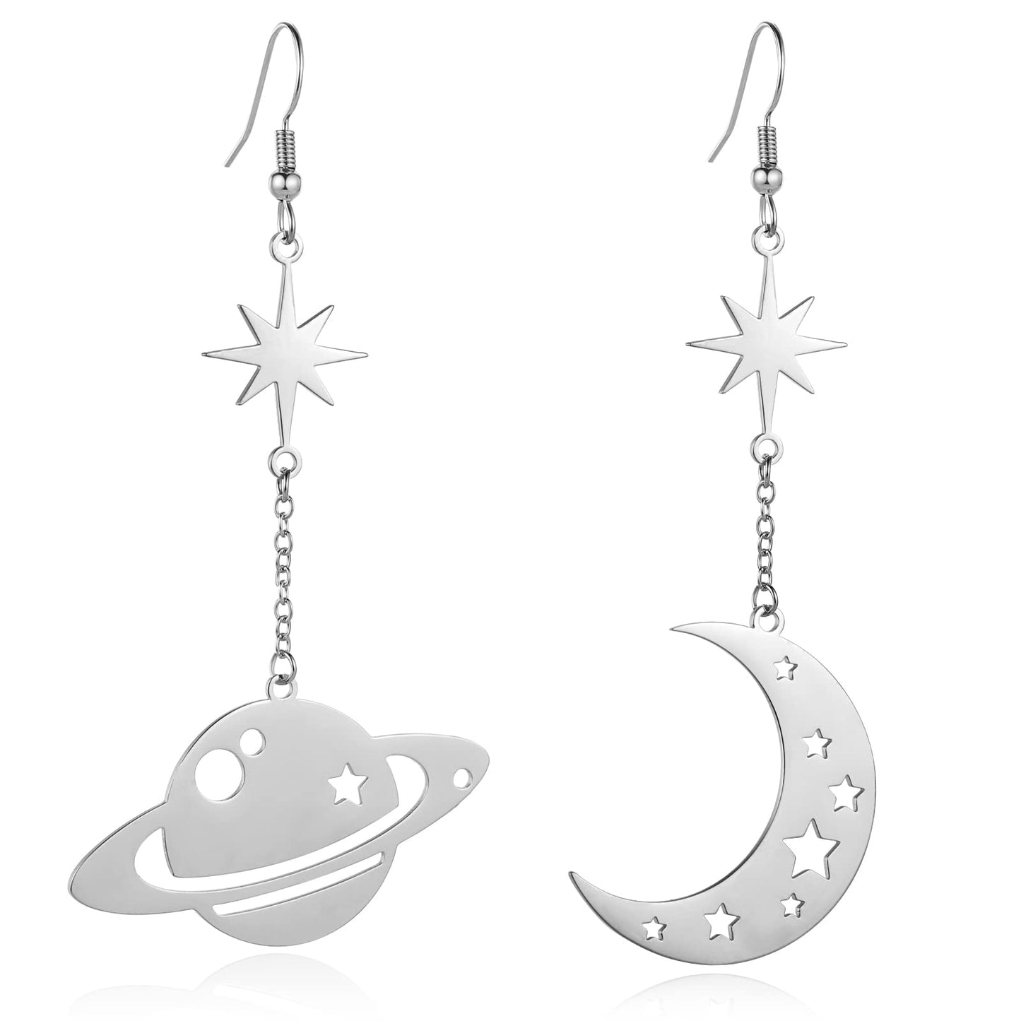 REELMAR Moon and Saturn Dangle Earrings for Women Asymmetrical Celestial Space Earrings Dangling Crescent Moon Planet Drops Stainless Steel Statement Jewelry (Silver)