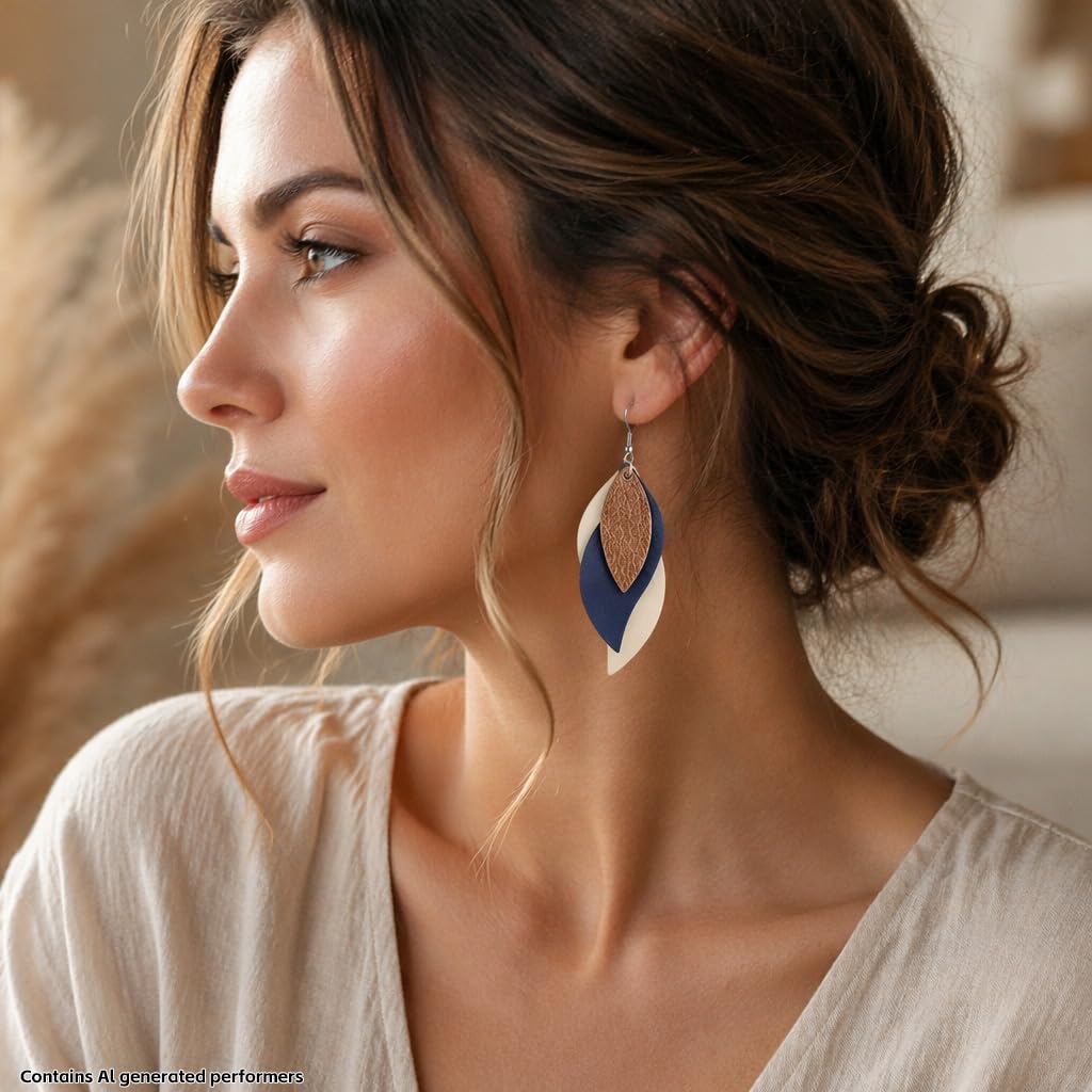 Layered Faux Leather Leaf Earrings for Women, Lightweight 3-Tier Teardrop Dangle Drop, Textured Boho Blue Brown Beige Pendant Jewelry for Western Party Gifts