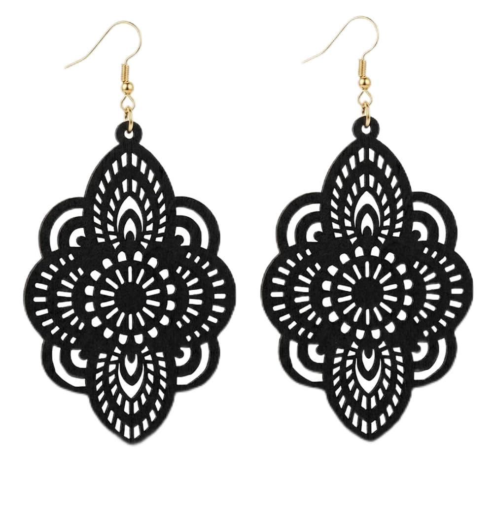 Boho Black Filigree Dangle Earrings for Women, Lightweight Hollow Lace Drop, Wood, 3.34" x 1.69", Bohemian Jewelry (Black)