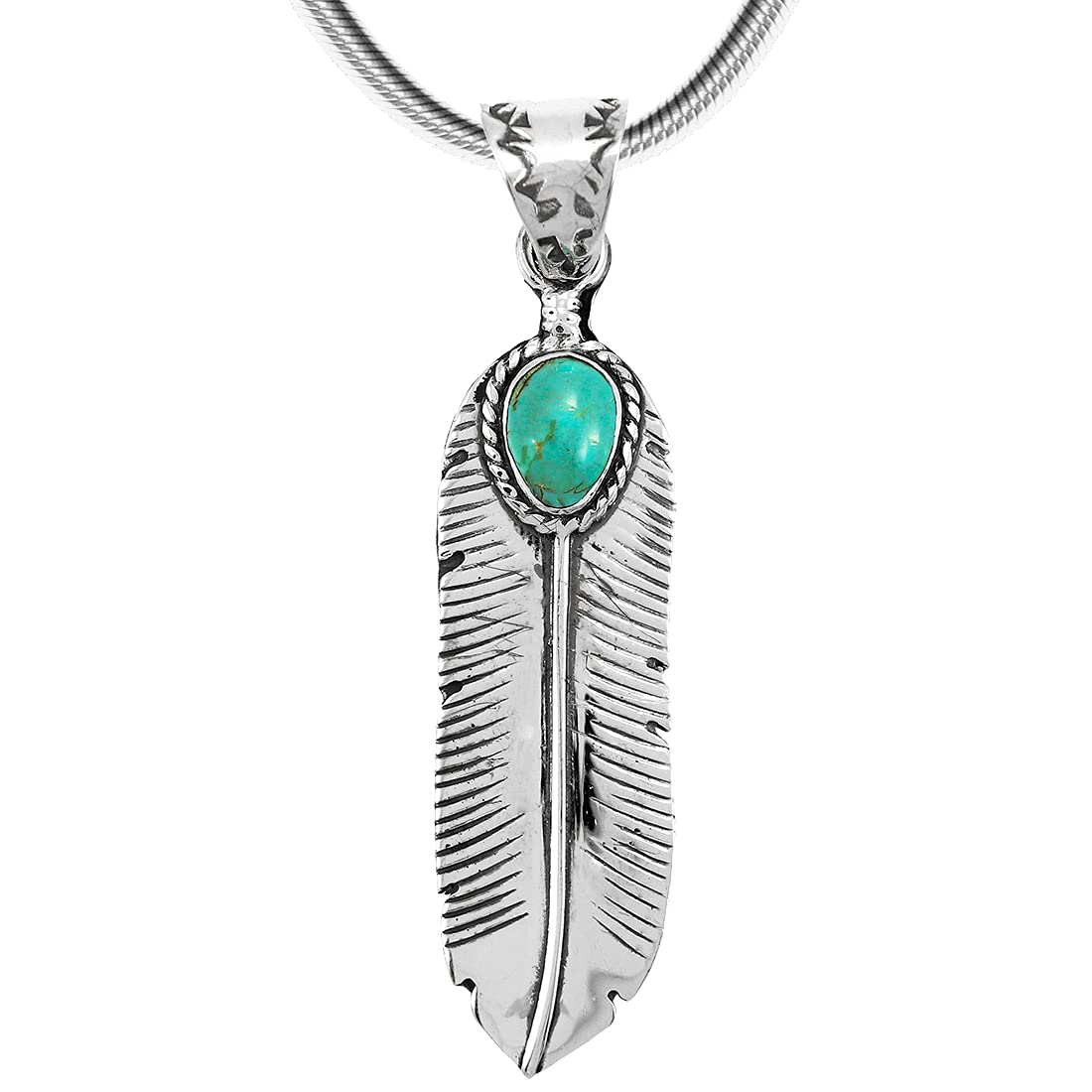 Turquoise Feather Pendant Necklace in Sterling Silver 925 & Genuine Gemstones (Medium Turquoise)