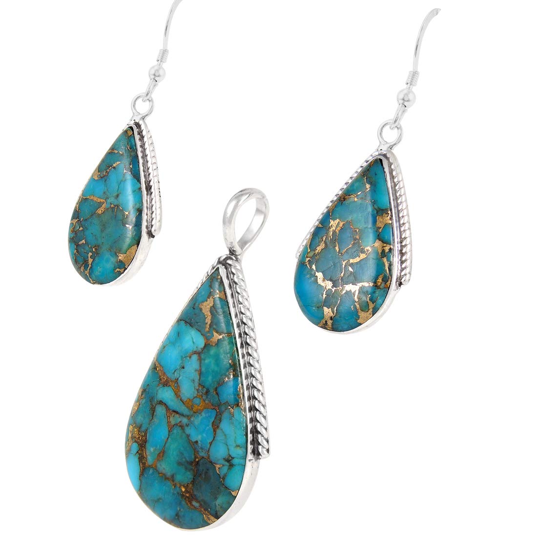 Genuine Gemstones Necklace Earrings Pendant Set 925 Sterling Silver (24" Length) (Matrix Turquoise)