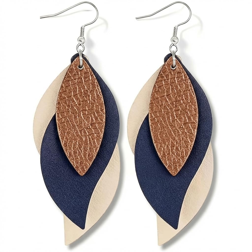 Layered Faux Leather Leaf Earrings for Women, Lightweight 3-Tier Teardrop Dangle Drop, Textured Boho Blue Brown Beige Pendant Jewelry for Western Party Gifts