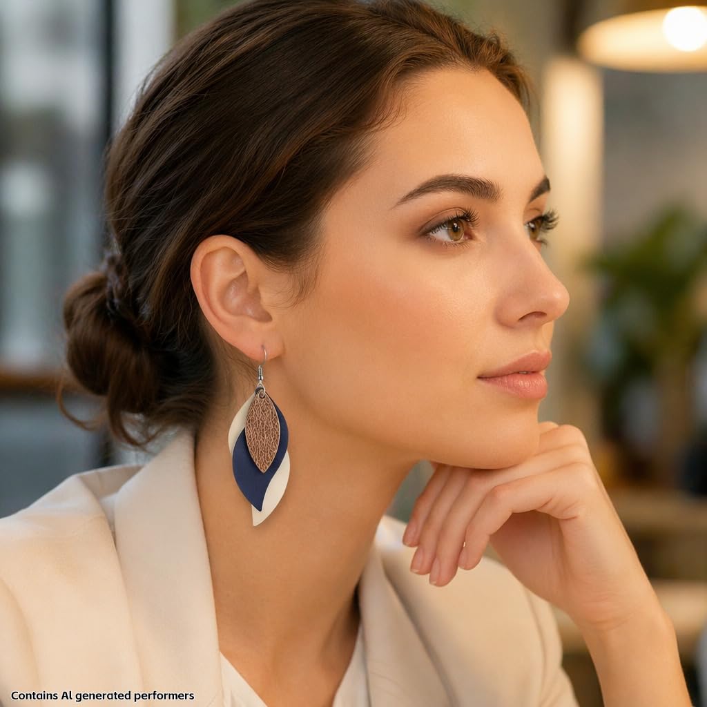 Layered Faux Leather Leaf Earrings for Women, Lightweight 3-Tier Teardrop Dangle Drop, Textured Boho Blue Brown Beige Pendant Jewelry for Western Party Gifts