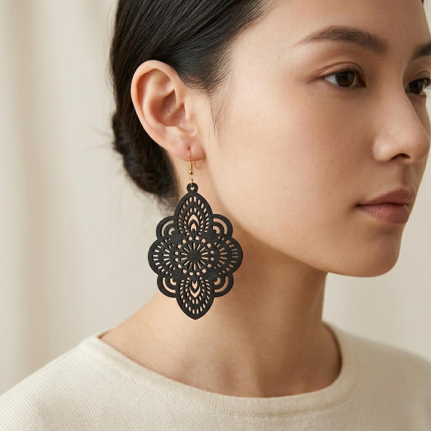 Boho Black Filigree Dangle Earrings for Women, Lightweight Hollow Lace Drop, Wood, 3.34" x 1.69", Bohemian Jewelry (Black)