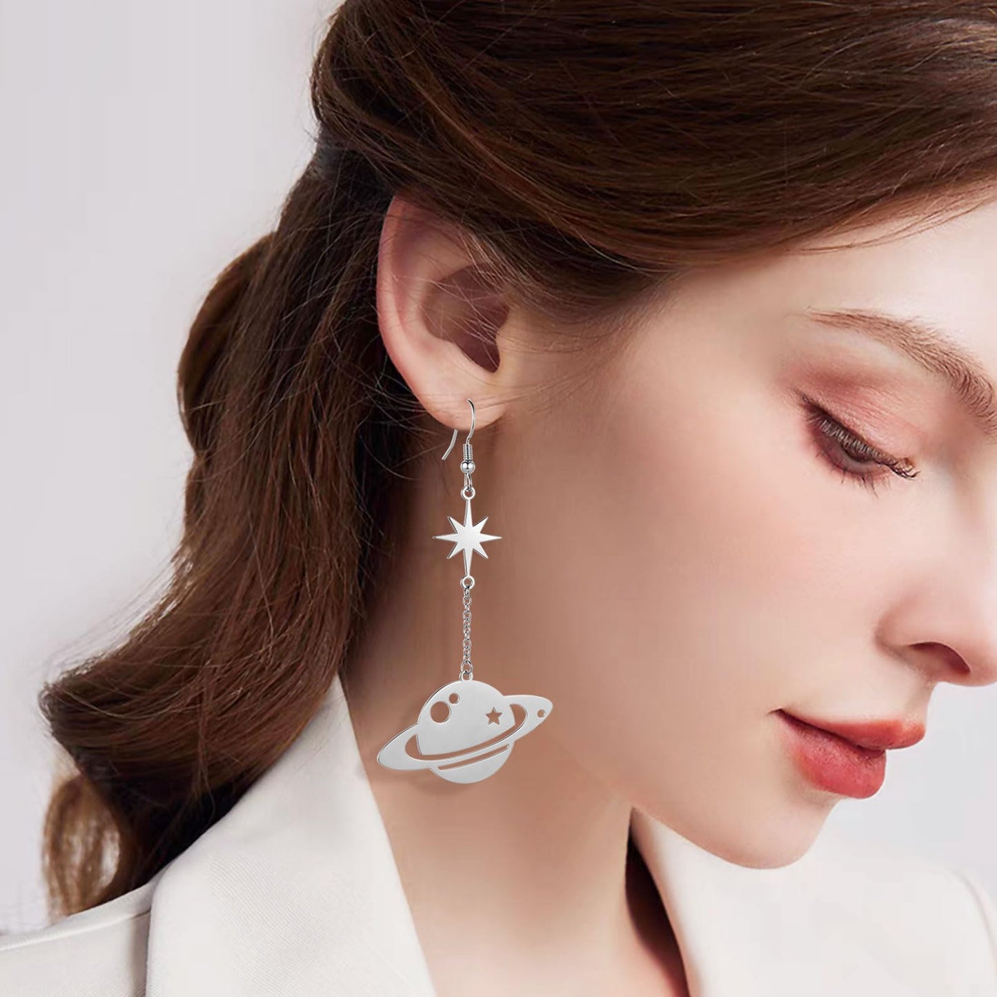 REELMAR Moon and Saturn Dangle Earrings for Women Asymmetrical Celestial Space Earrings Dangling Crescent Moon Planet Drops Stainless Steel Statement Jewelry (Silver)