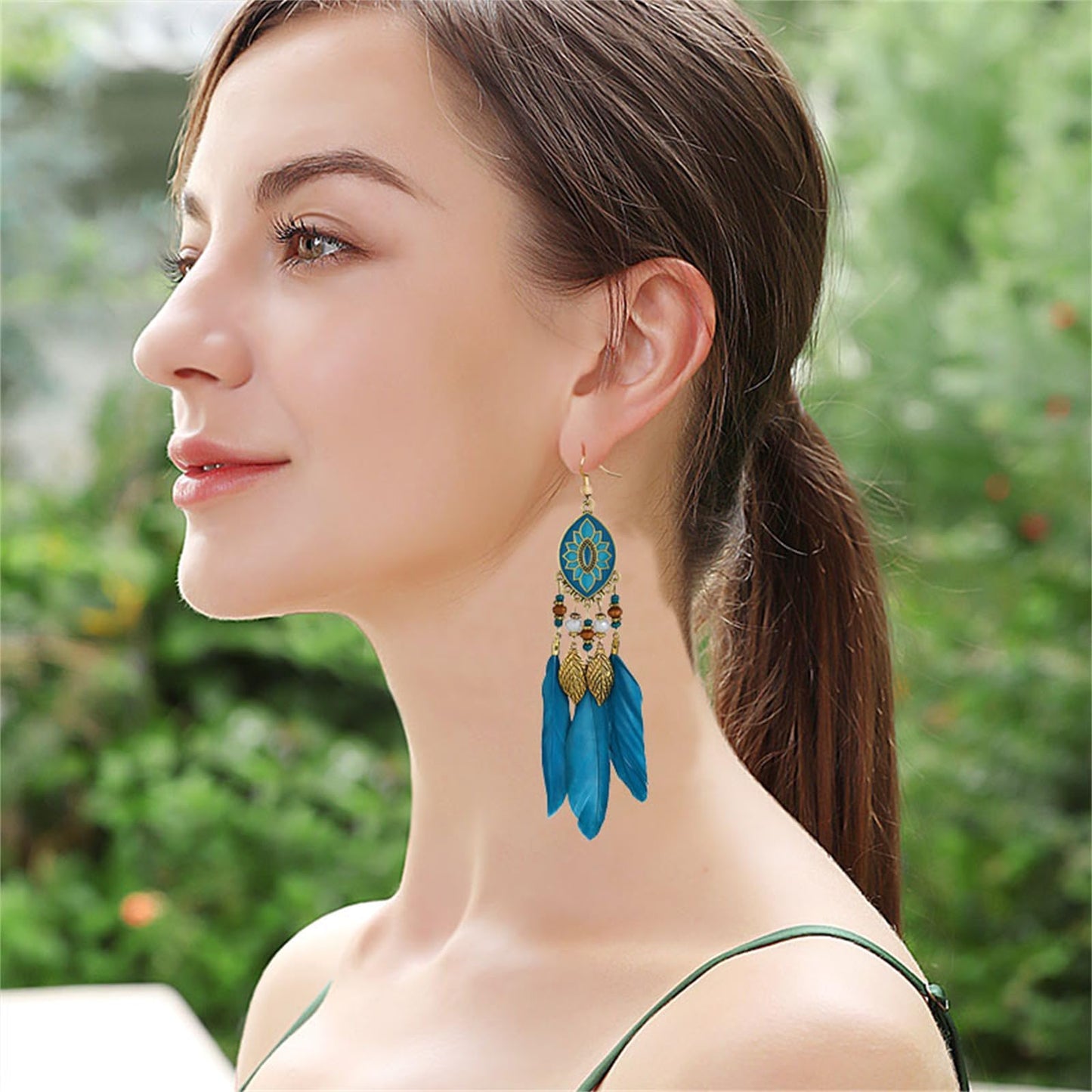 Dreuyet Boho Long Feather Drop Dangle Earrings for Women Retro Bohemian Ethnic Fringe Multicolor Tassel Feather Earring Handmade Statement Dream Catcher Earrings Jewelry (Turquoise Oval)