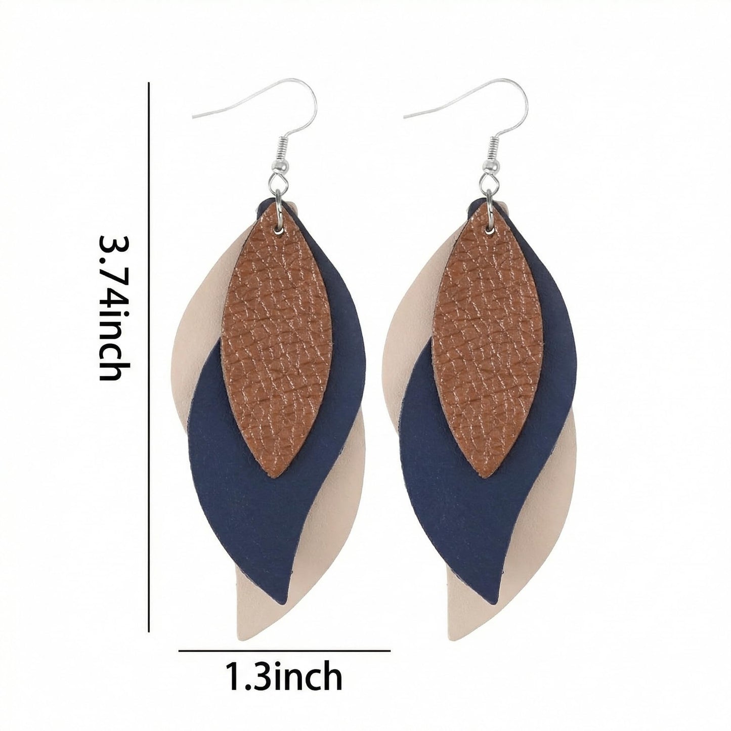 Layered Faux Leather Leaf Earrings for Women, Lightweight 3-Tier Teardrop Dangle Drop, Textured Boho Blue Brown Beige Pendant Jewelry for Western Party Gifts
