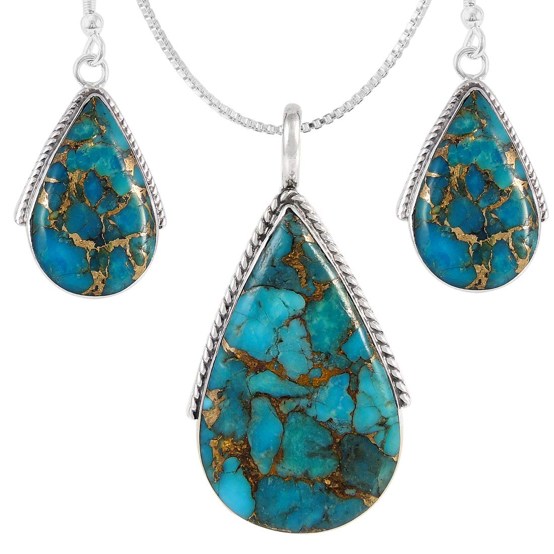 Genuine Gemstones Necklace Earrings Pendant Set 925 Sterling Silver (24" Length) (Matrix Turquoise)