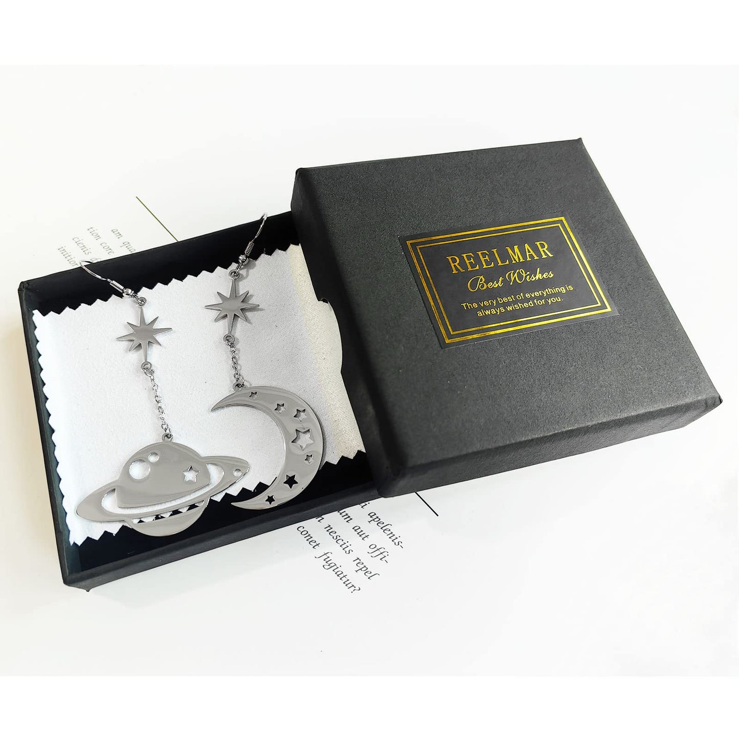 REELMAR Moon and Saturn Dangle Earrings for Women Asymmetrical Celestial Space Earrings Dangling Crescent Moon Planet Drops Stainless Steel Statement Jewelry (Silver)