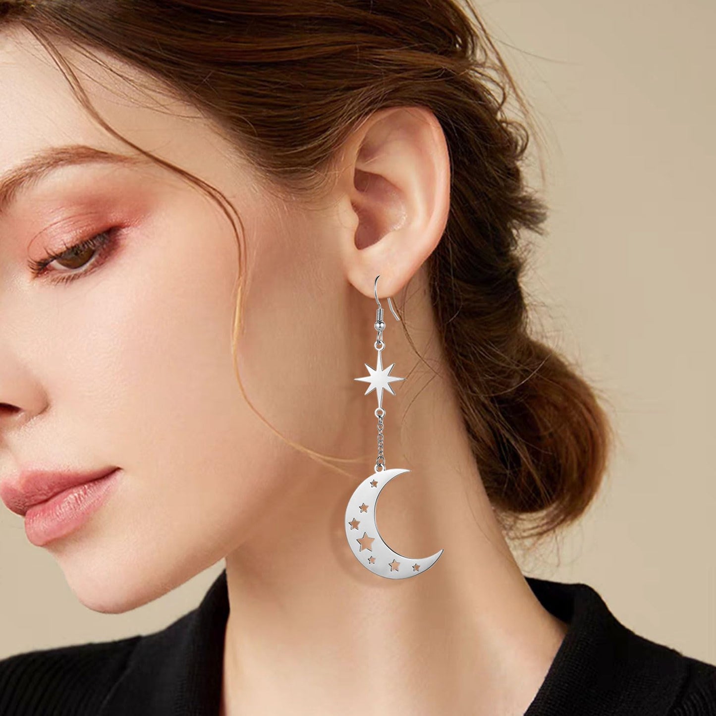 REELMAR Moon and Saturn Dangle Earrings for Women Asymmetrical Celestial Space Earrings Dangling Crescent Moon Planet Drops Stainless Steel Statement Jewelry (Silver)