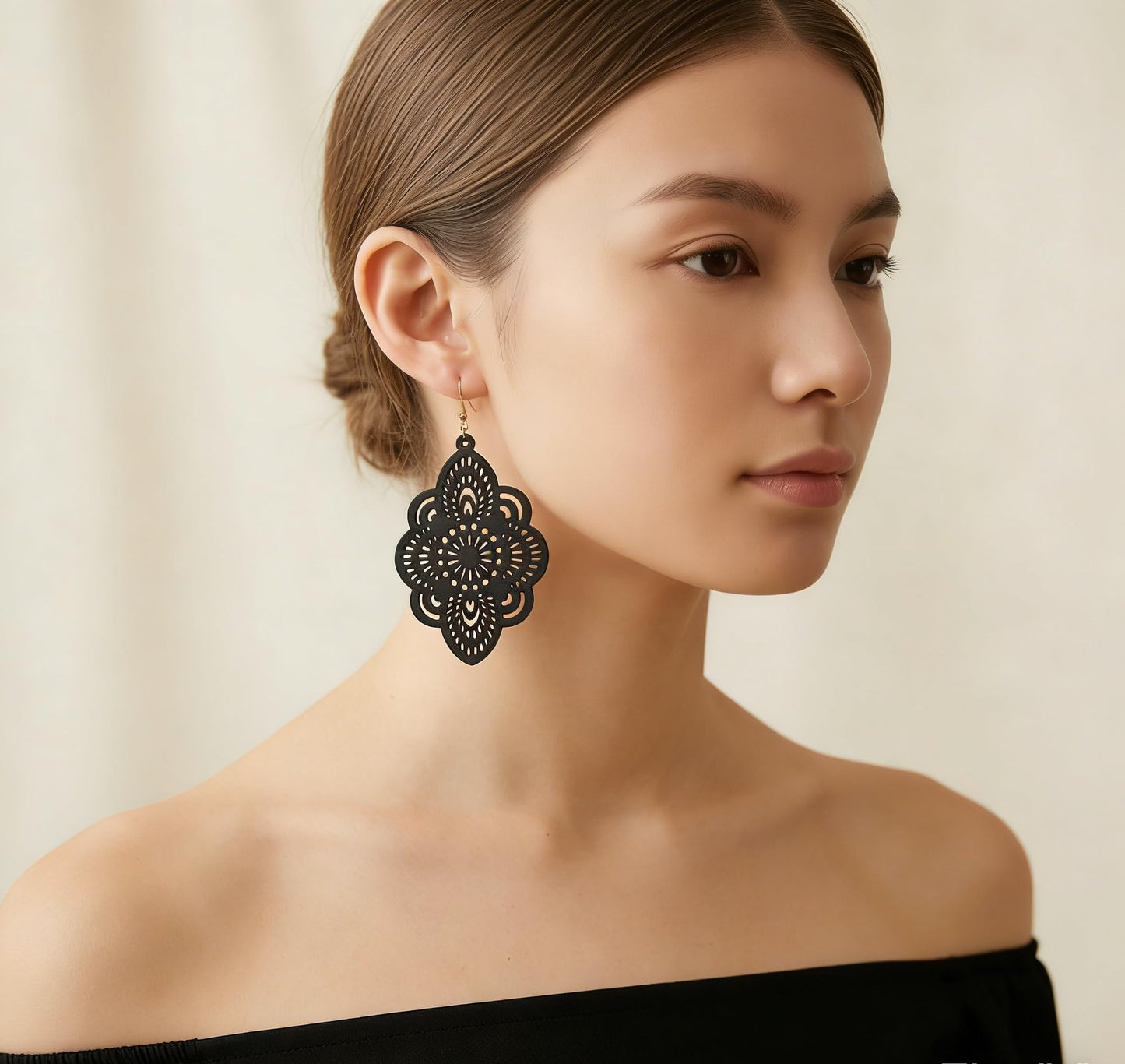 Boho Black Filigree Dangle Earrings for Women, Lightweight Hollow Lace Drop, Wood, 3.34" x 1.69", Bohemian Jewelry (Black)