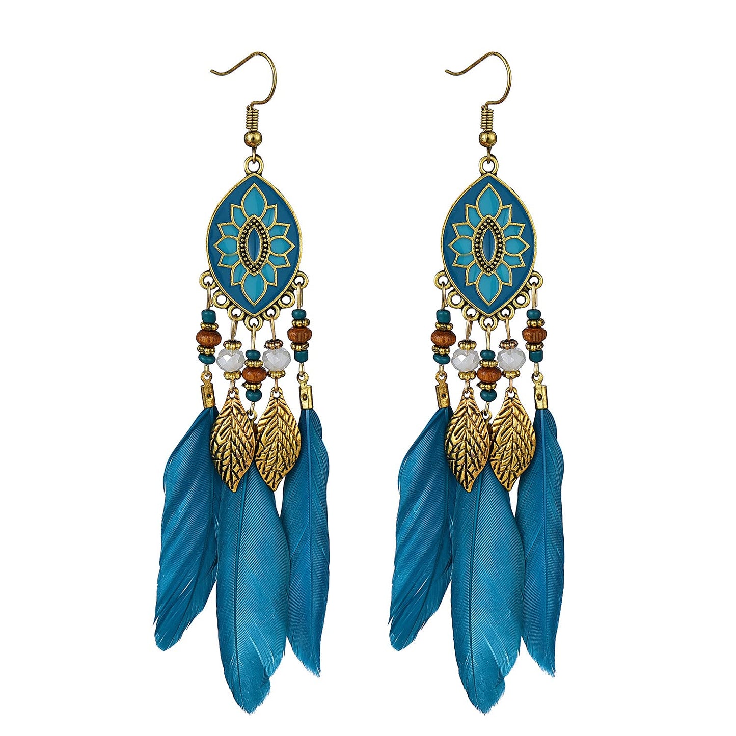 Dreuyet Boho Long Feather Drop Dangle Earrings for Women Retro Bohemian Ethnic Fringe Multicolor Tassel Feather Earring Handmade Statement Dream Catcher Earrings Jewelry (Turquoise Oval)