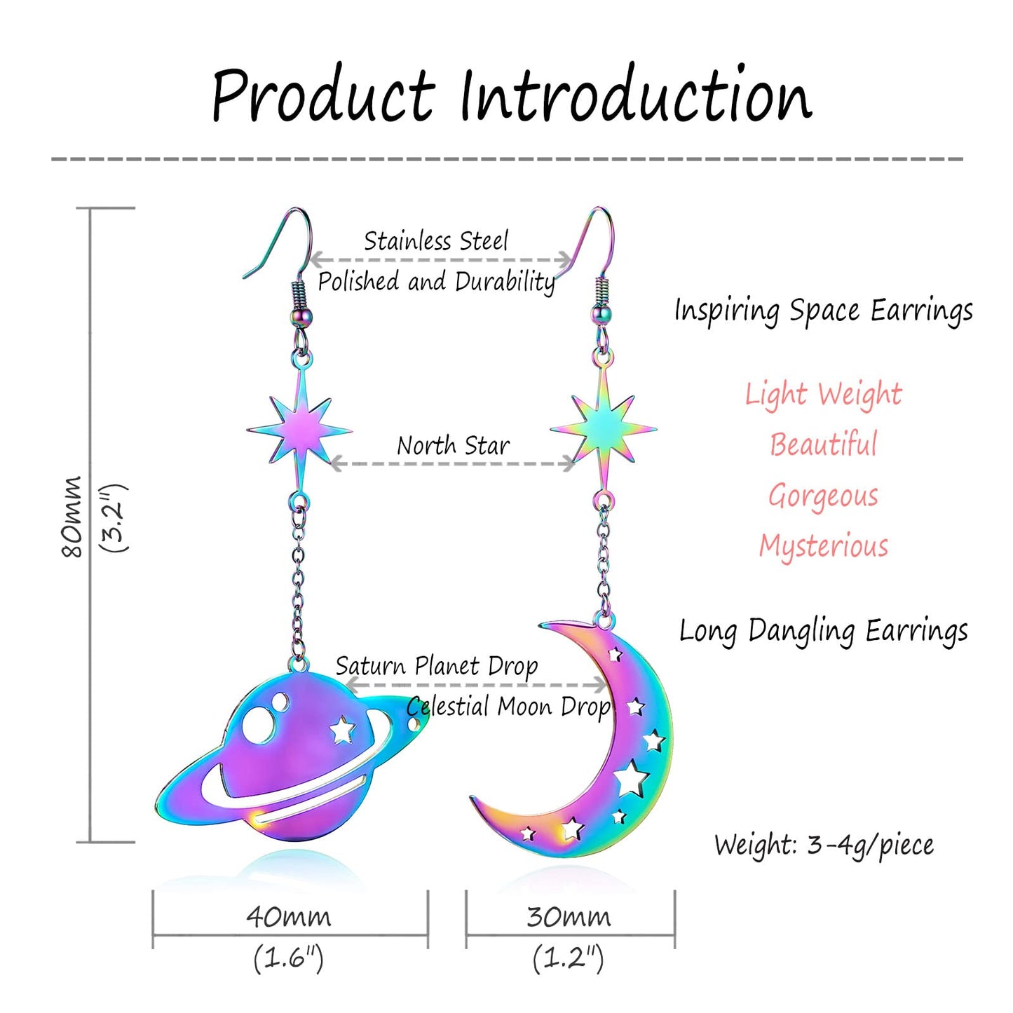 REELMAR Moon and Saturn Dangle Earrings for Women Asymmetrical Celestial Space Earrings Dangling Crescent Moon Planet Drops Stainless Steel Statement Jewelry (Silver)