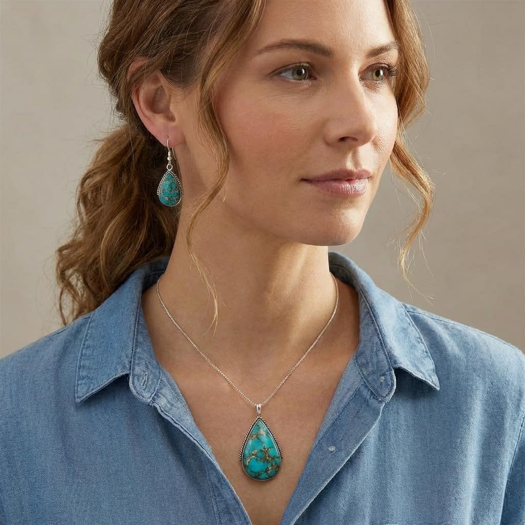 Genuine Gemstones Necklace Earrings Pendant Set 925 Sterling Silver (24" Length) (Matrix Turquoise)