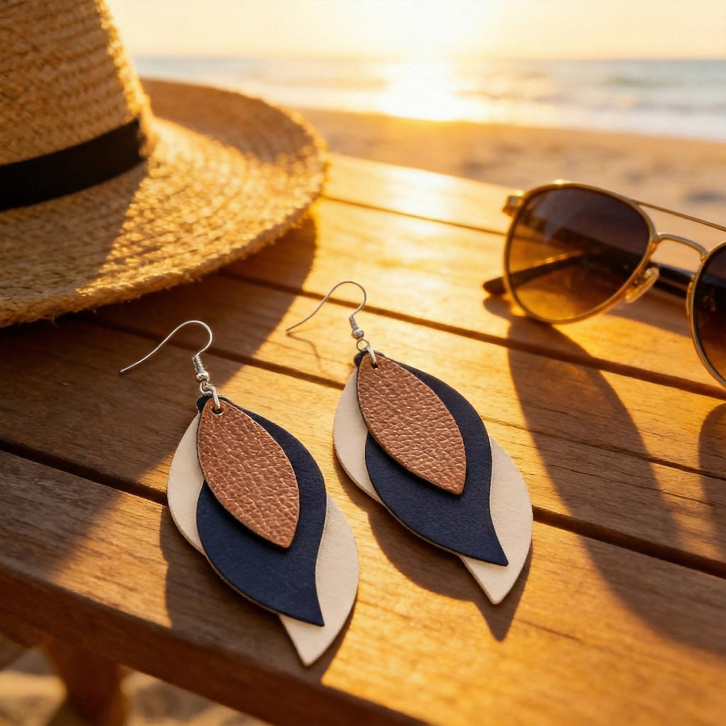 Layered Faux Leather Leaf Earrings for Women, Lightweight 3-Tier Teardrop Dangle Drop, Textured Boho Blue Brown Beige Pendant Jewelry for Western Party Gifts