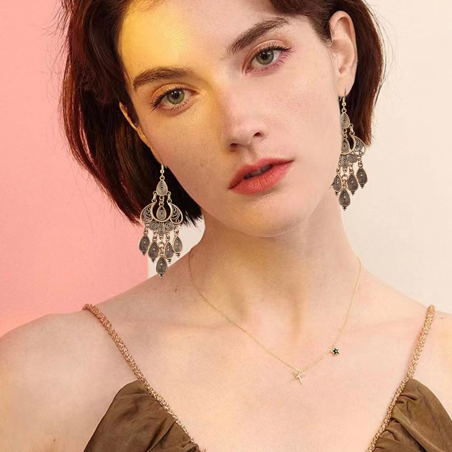 JIMARIN Unique Bohemian Vintage Bronze Chandelier Teardrop Flower Geometry Dangle Drop Earrings For Women (Vintage Gold)