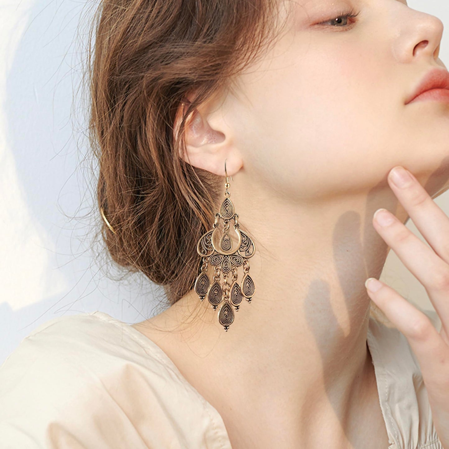 JIMARIN Unique Bohemian Vintage Bronze Chandelier Teardrop Flower Geometry Dangle Drop Earrings For Women (Vintage Gold)