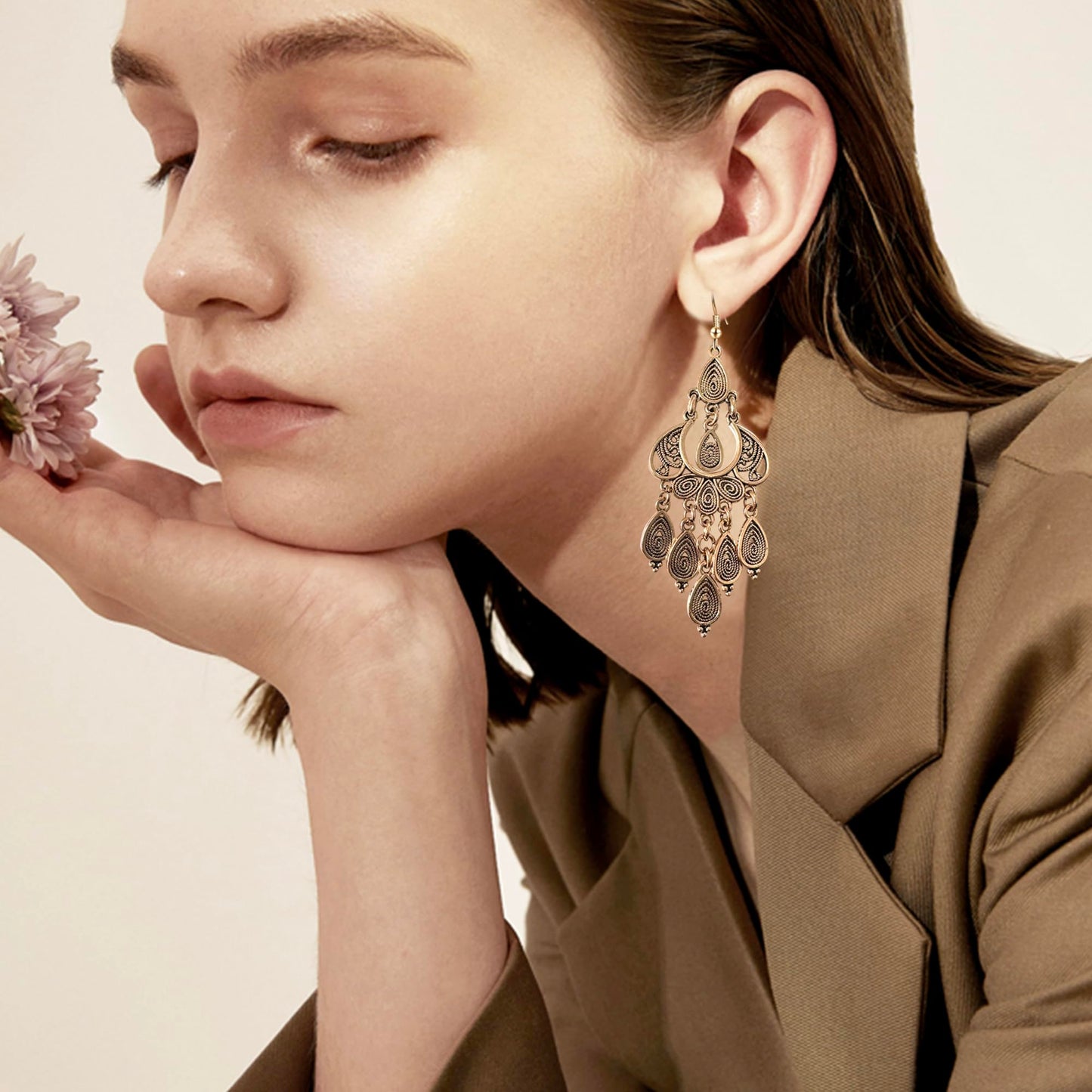 JIMARIN Unique Bohemian Vintage Bronze Chandelier Teardrop Flower Geometry Dangle Drop Earrings For Women (Vintage Gold)