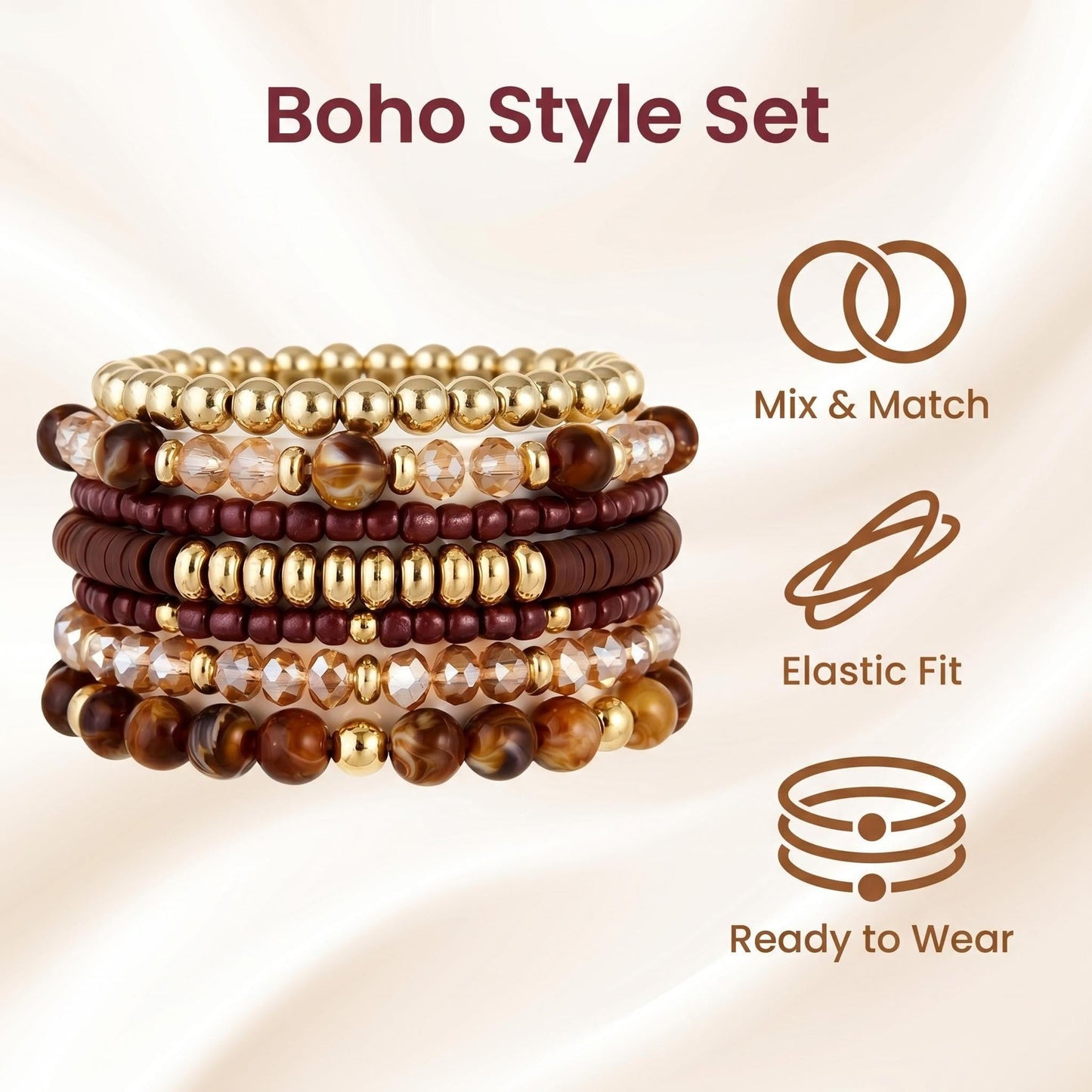 GANDC Bohemian Stackable Beaded Bracelets for Women, Multilayer Stretch Bead Bracelet Set, Vintage Boho Stacking Bracelets, Bohemian Jewelry Gifts for Women (Brown)