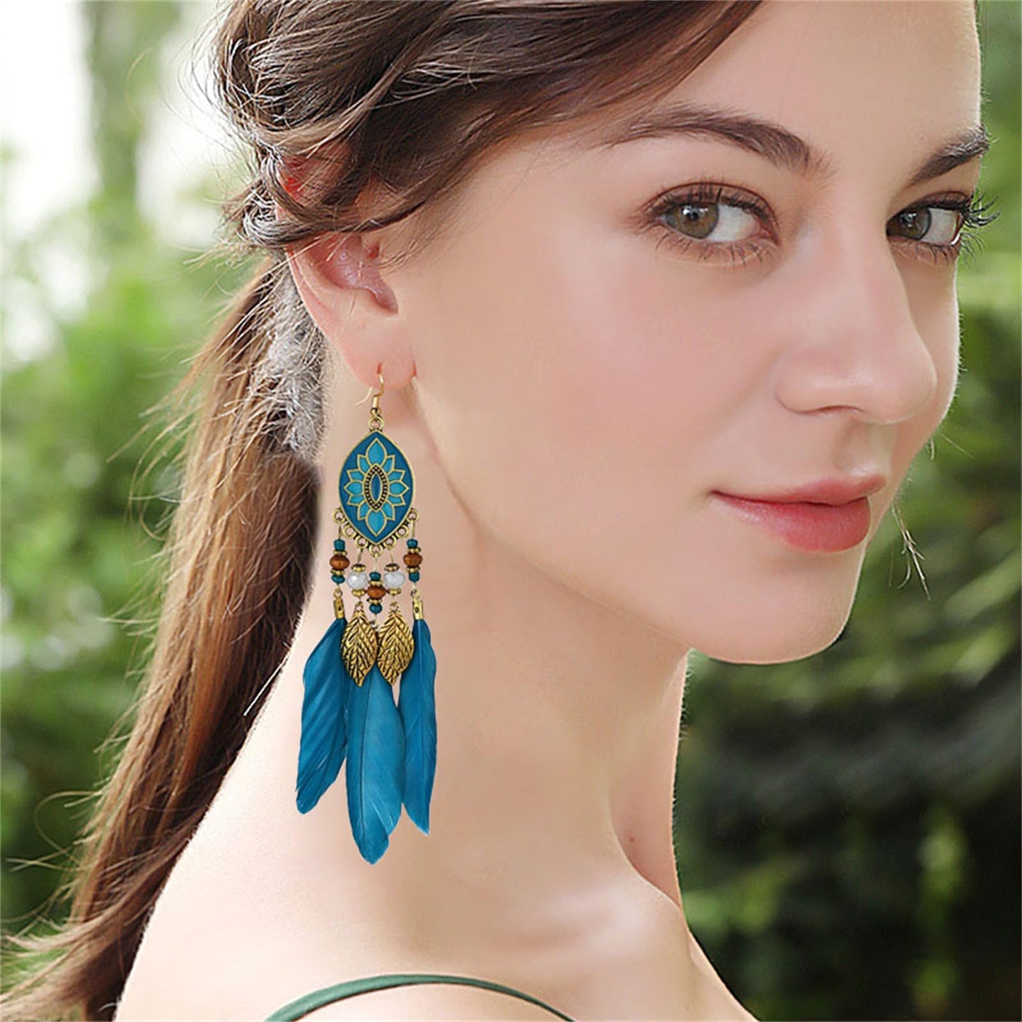 Dreuyet Boho Long Feather Drop Dangle Earrings for Women Retro Bohemian Ethnic Fringe Multicolor Tassel Feather Earring Handmade Statement Dream Catcher Earrings Jewelry (Turquoise Oval)