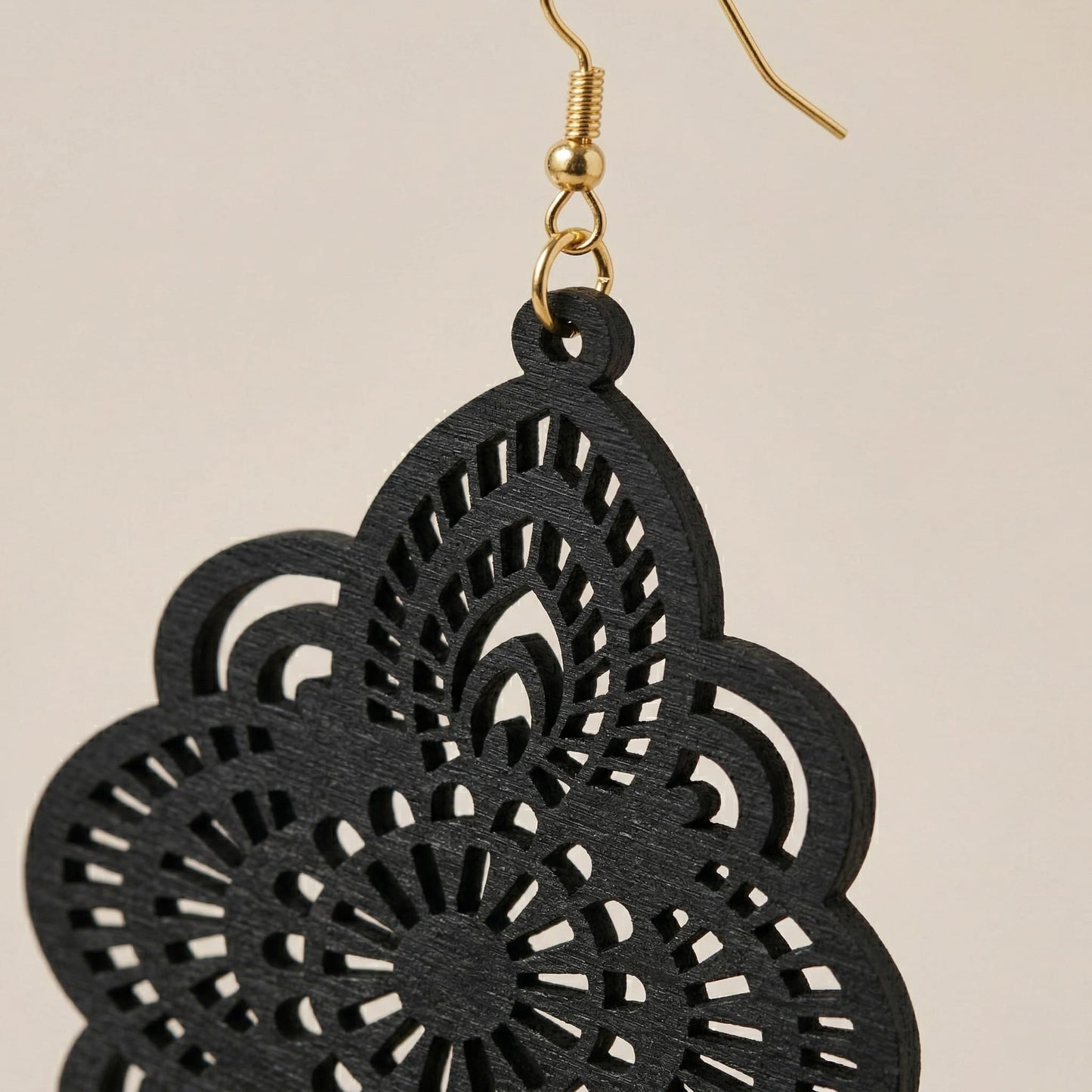 Boho Black Filigree Dangle Earrings for Women, Lightweight Hollow Lace Drop, Wood, 3.34" x 1.69", Bohemian Jewelry (Black)