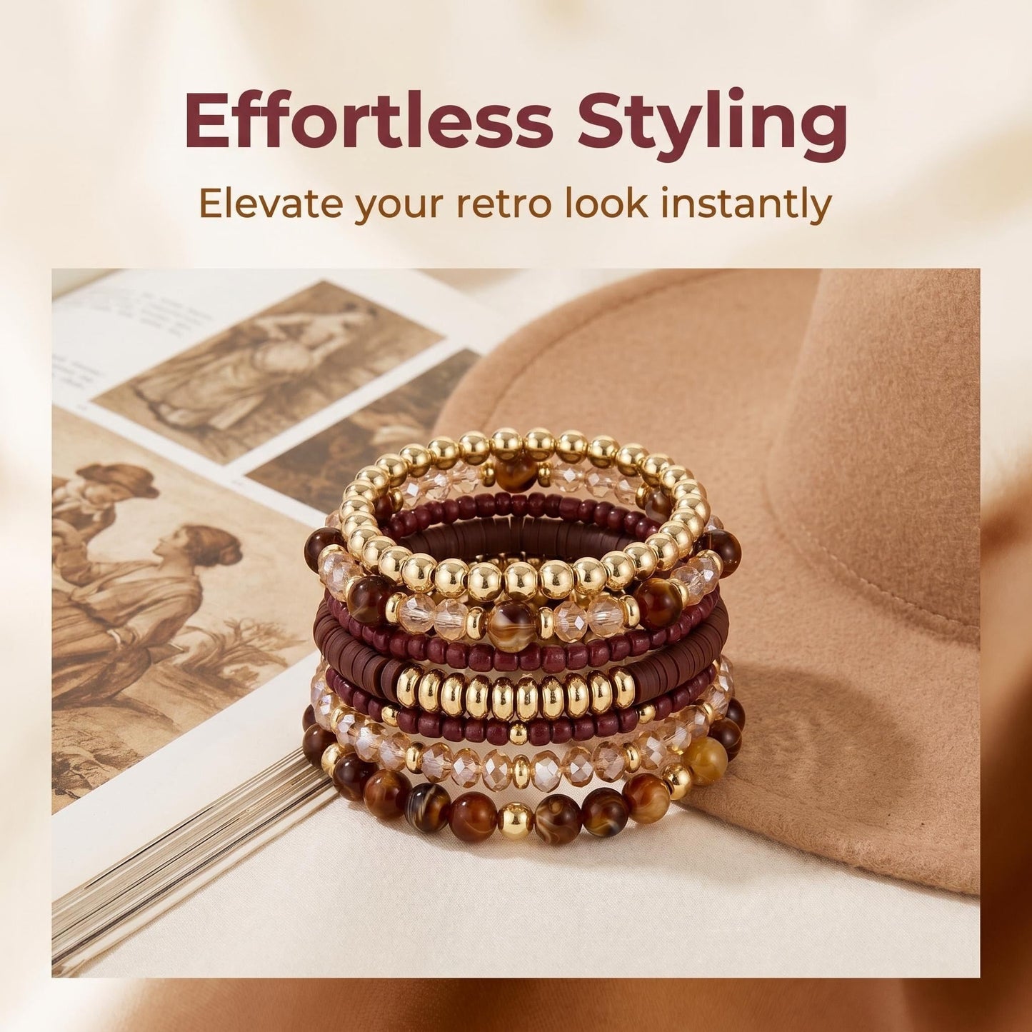 GANDC Bohemian Stackable Beaded Bracelets for Women, Multilayer Stretch Bead Bracelet Set, Vintage Boho Stacking Bracelets, Bohemian Jewelry Gifts for Women (Brown)