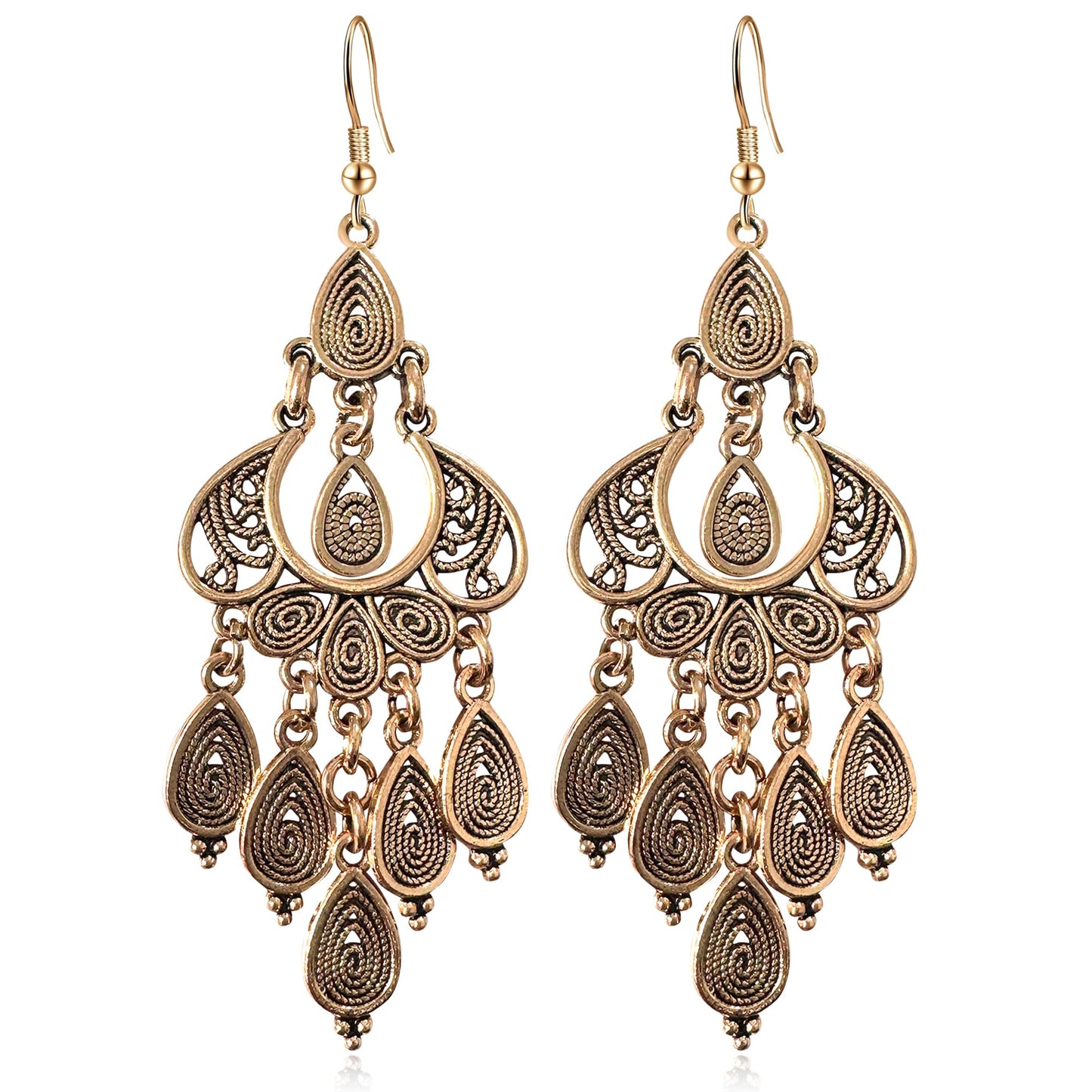 JIMARIN Unique Bohemian Vintage Bronze Chandelier Teardrop Flower Geometry Dangle Drop Earrings For Women (Vintage Gold)