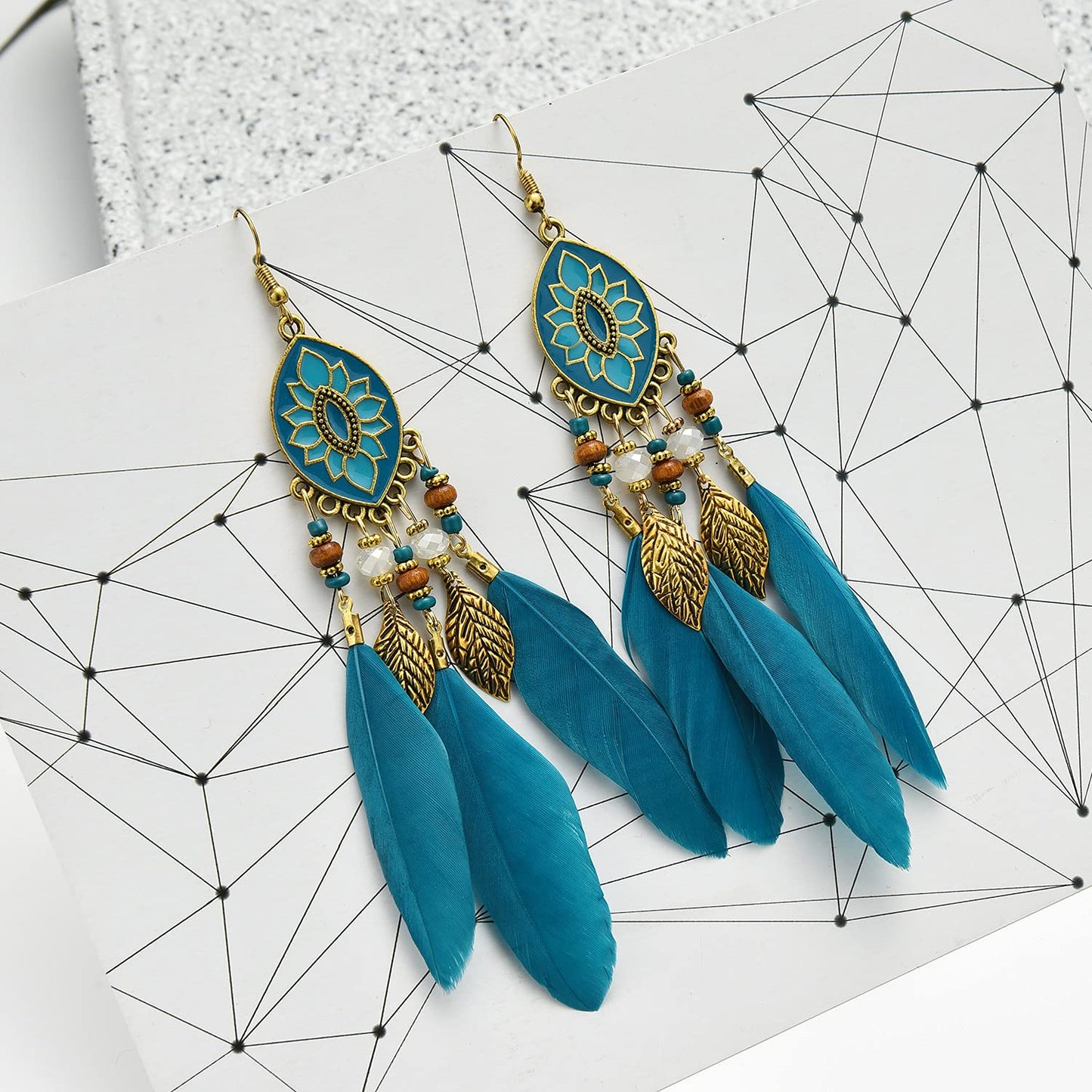 Dreuyet Boho Long Feather Drop Dangle Earrings for Women Retro Bohemian Ethnic Fringe Multicolor Tassel Feather Earring Handmade Statement Dream Catcher Earrings Jewelry (Turquoise Oval)