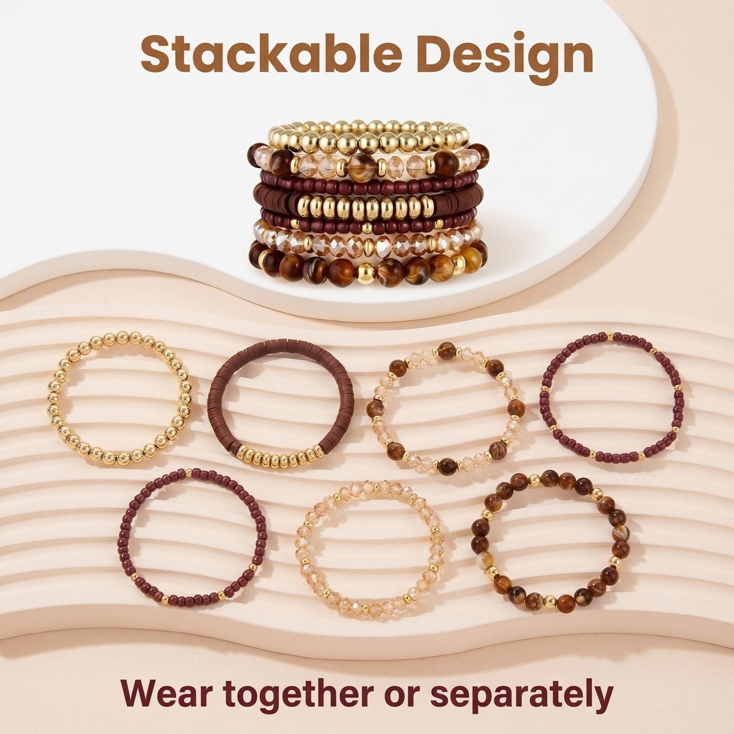 GANDC Bohemian Stackable Beaded Bracelets for Women, Multilayer Stretch Bead Bracelet Set, Vintage Boho Stacking Bracelets, Bohemian Jewelry Gifts for Women (Brown)