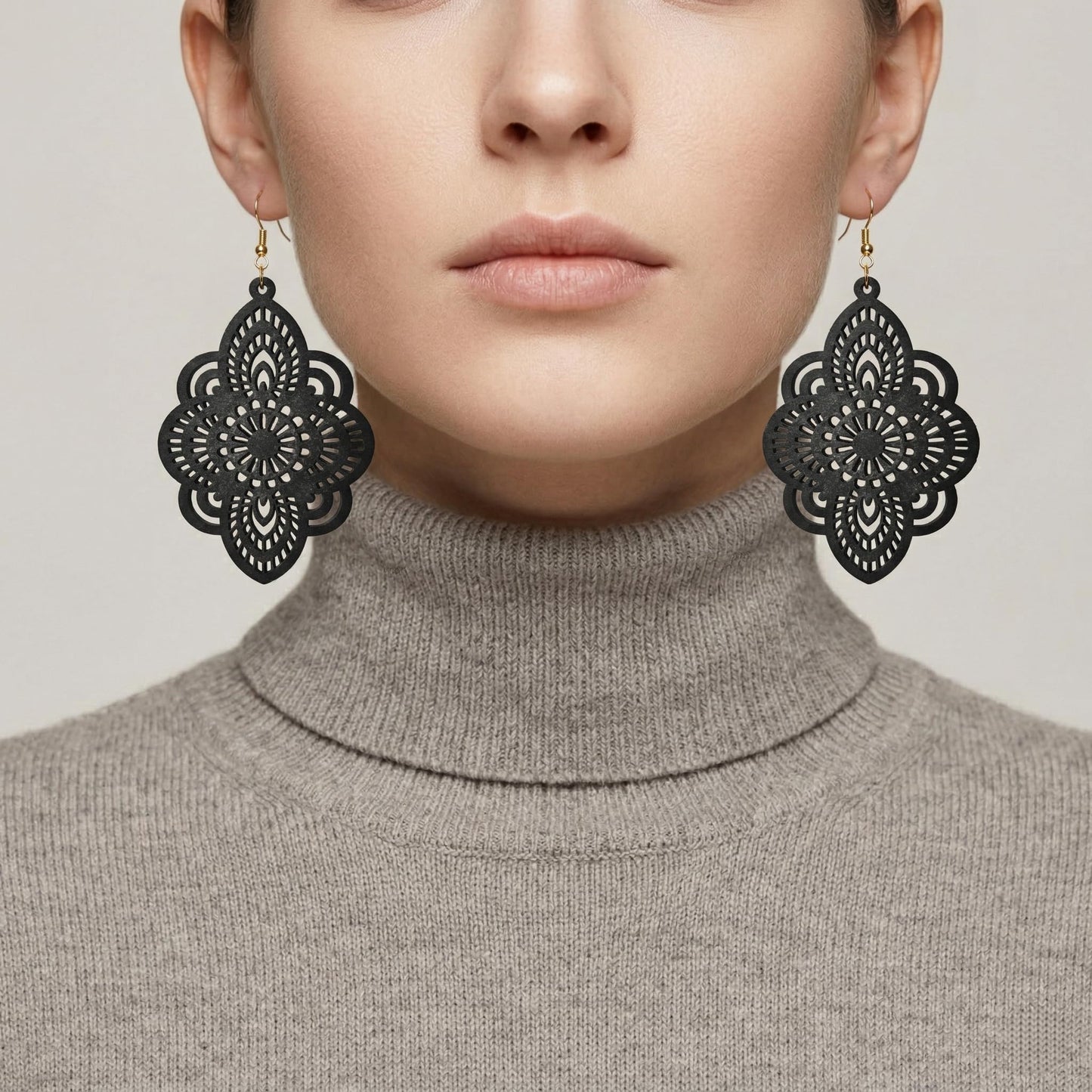 Boho Black Filigree Dangle Earrings for Women, Lightweight Hollow Lace Drop, Wood, 3.34" x 1.69", Bohemian Jewelry (Black)