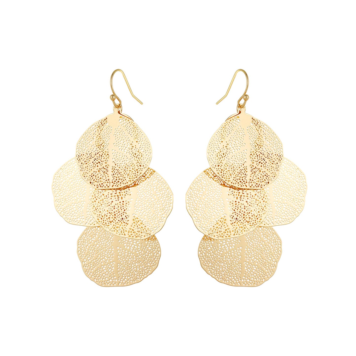 Bohemian Boho Filigree Leaf Chandelier Dangle Earrings for Women – Handcrafted Delicate – 14K Gold Plated – Lightweight (Gold - 3 Layered Circle Leaf Chandelier)
