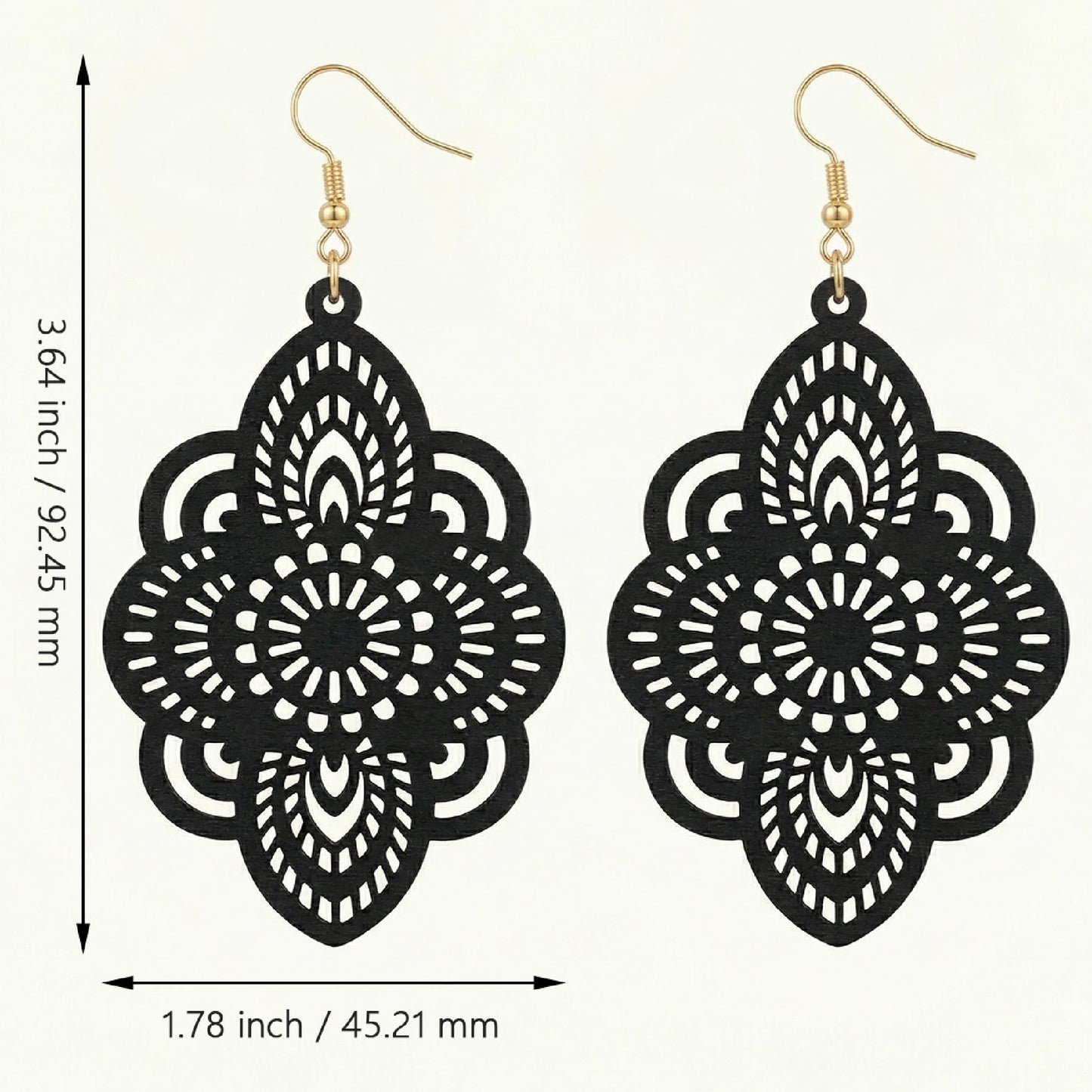 Boho Black Filigree Dangle Earrings for Women, Lightweight Hollow Lace Drop, Wood, 3.34" x 1.69", Bohemian Jewelry (Black)