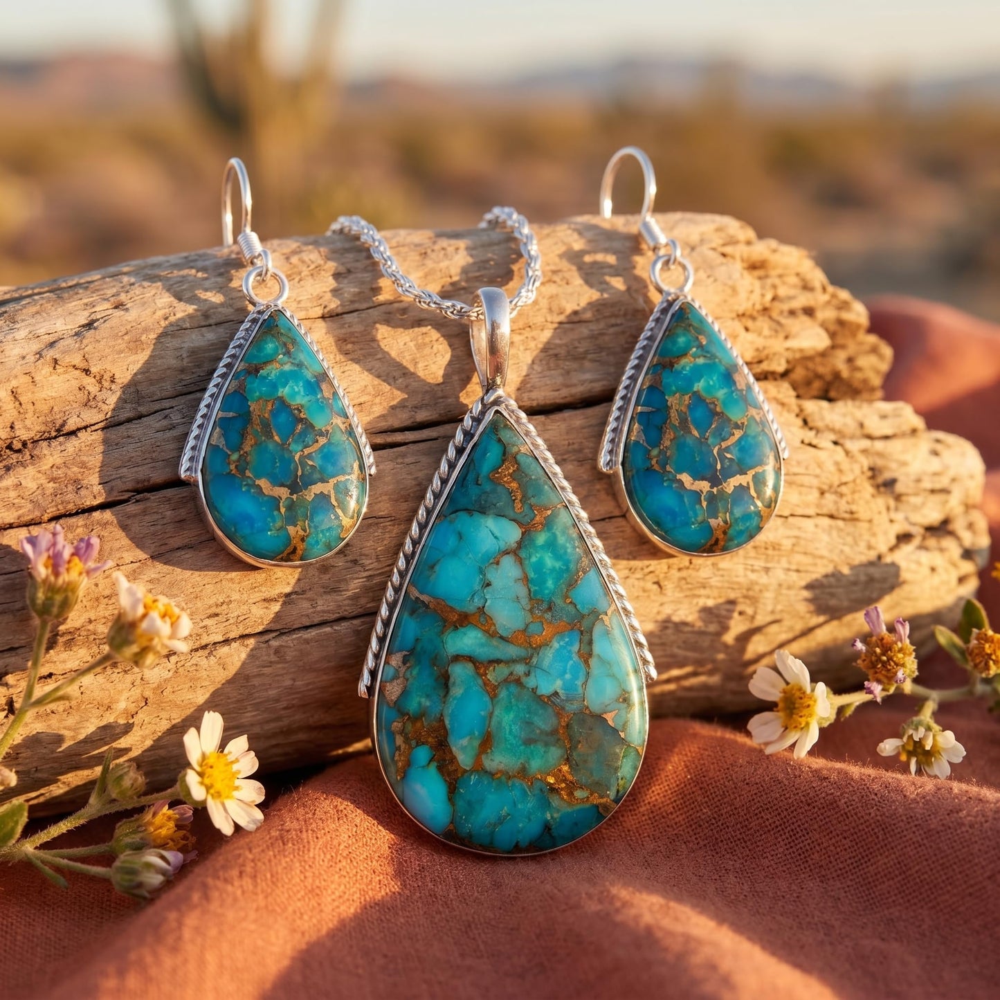 Genuine Gemstones Necklace Earrings Pendant Set 925 Sterling Silver (24" Length) (Matrix Turquoise)