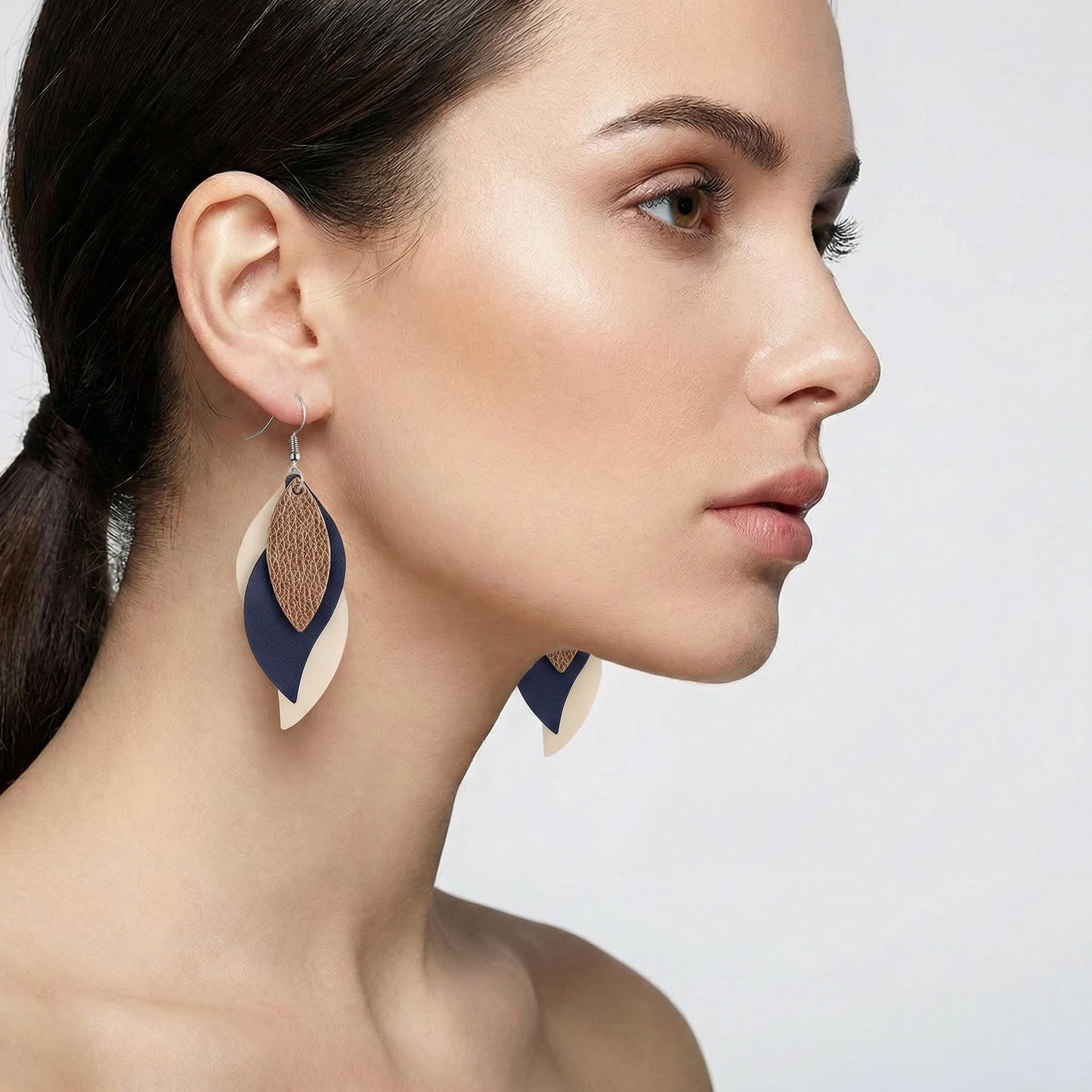 Layered Faux Leather Leaf Earrings for Women, Lightweight 3-Tier Teardrop Dangle Drop, Textured Boho Blue Brown Beige Pendant Jewelry for Western Party Gifts