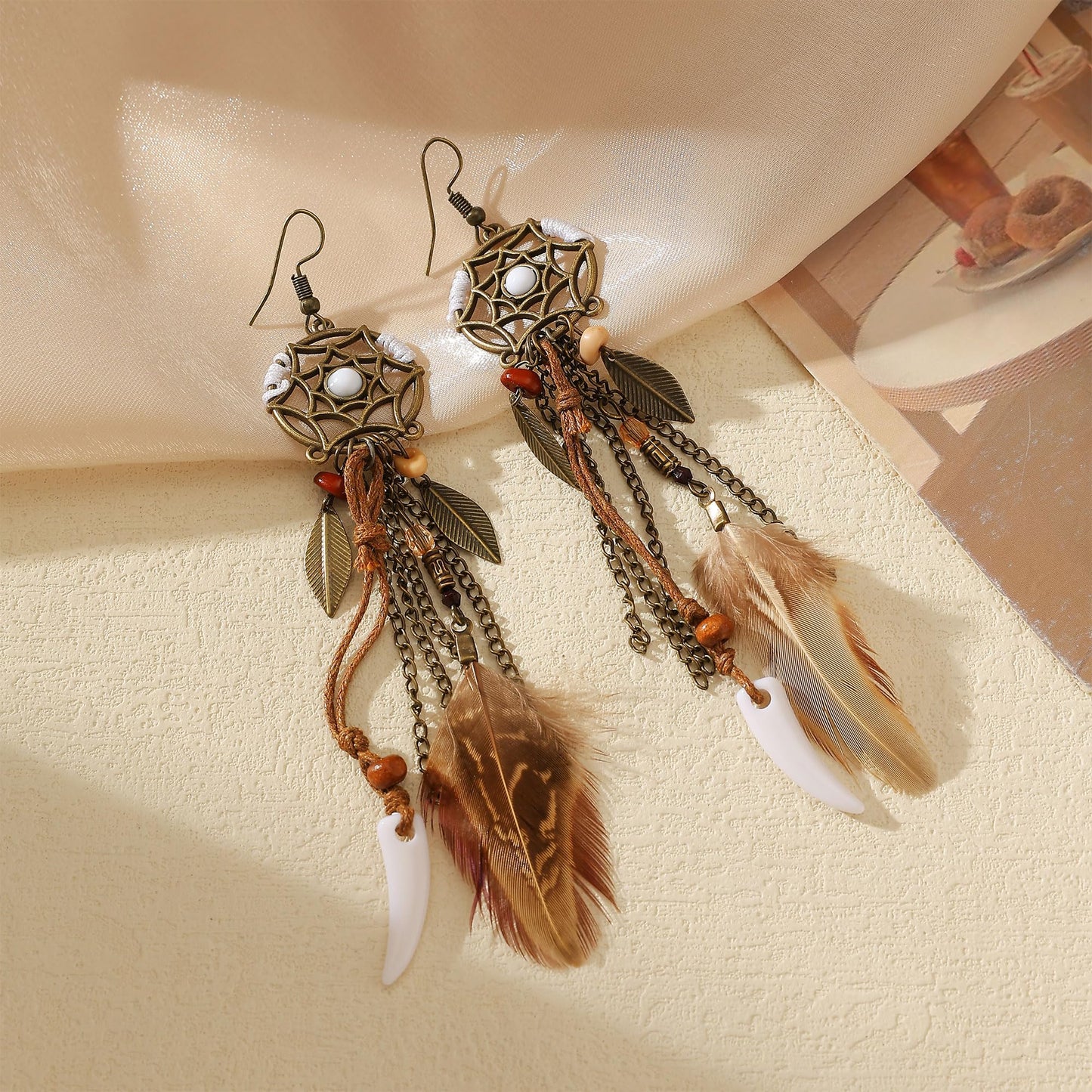 Brown Dream Catcher Feather Earrings Vintage Bohemian Ethnic Dangle Earrings for Women
