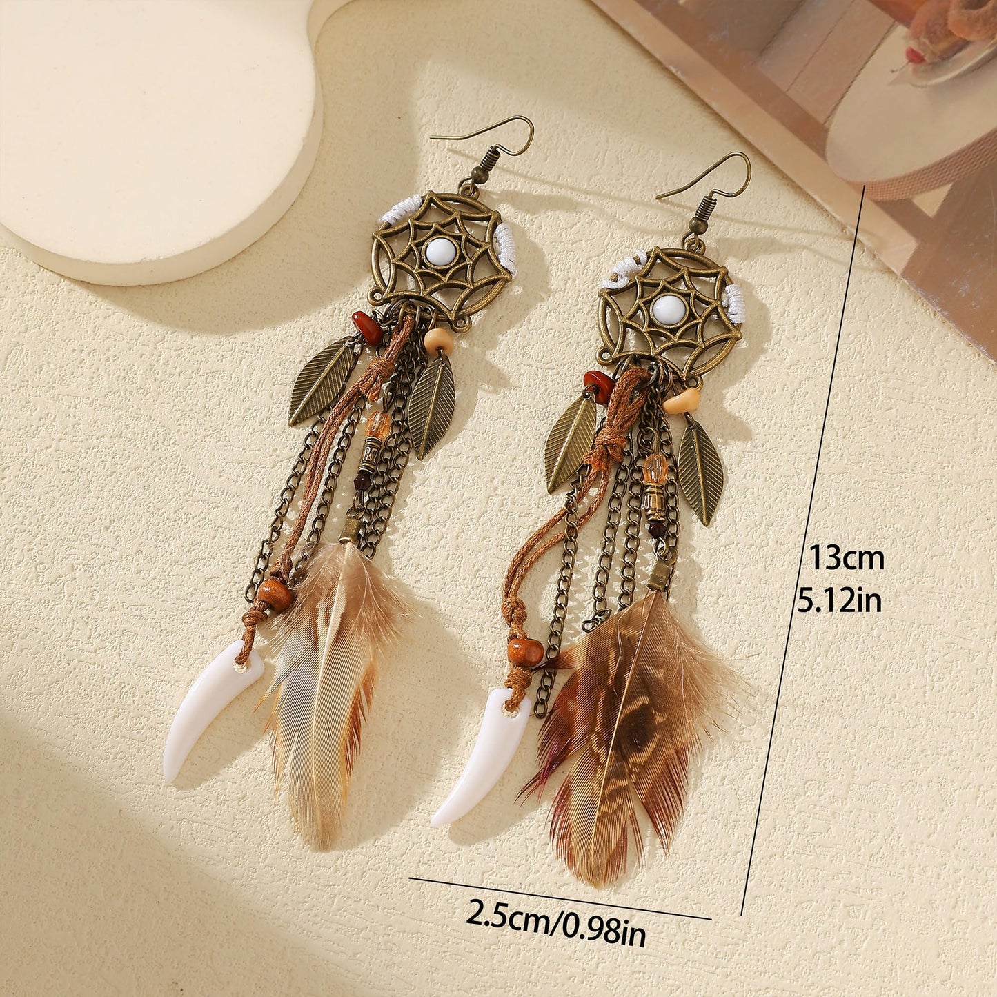 Brown Dream Catcher Feather Earrings Vintage Bohemian Ethnic Dangle Earrings for Women