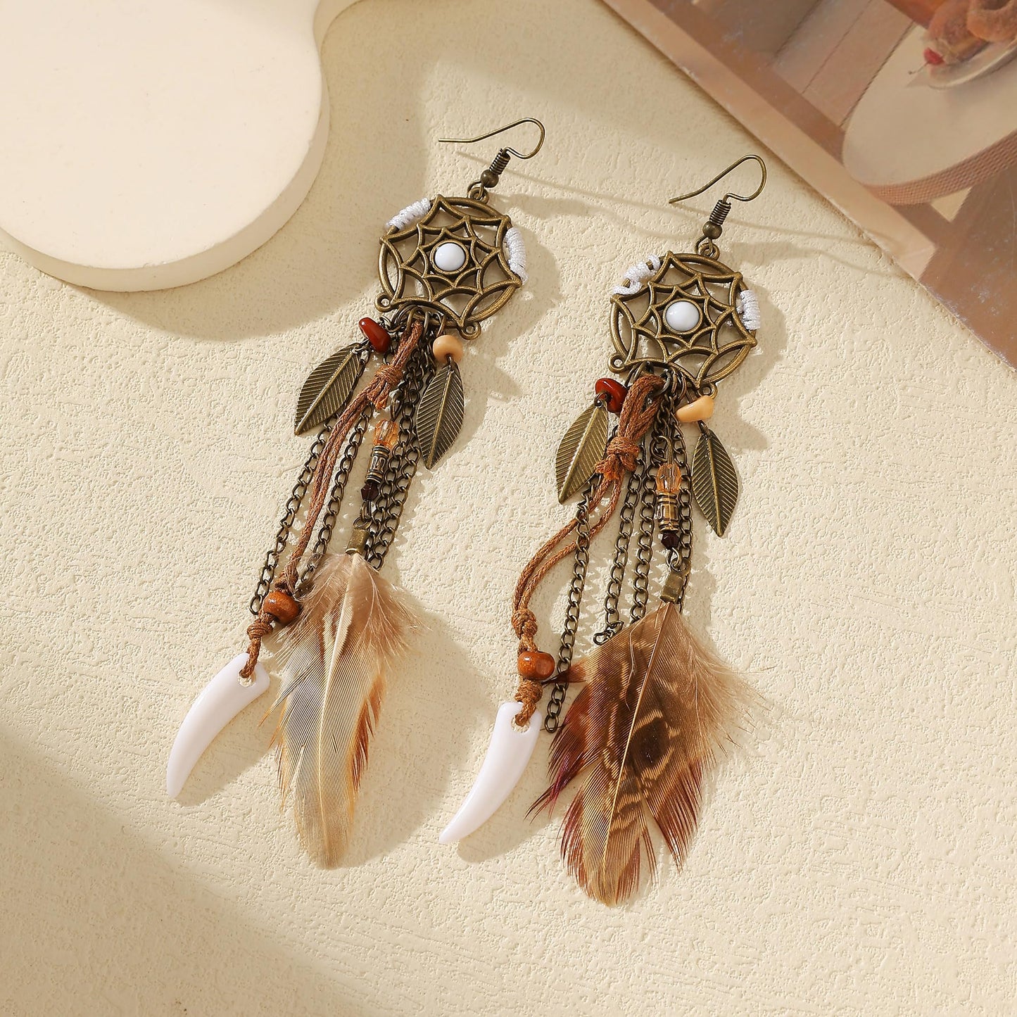 Brown Dream Catcher Feather Earrings Vintage Bohemian Ethnic Dangle Earrings for Women