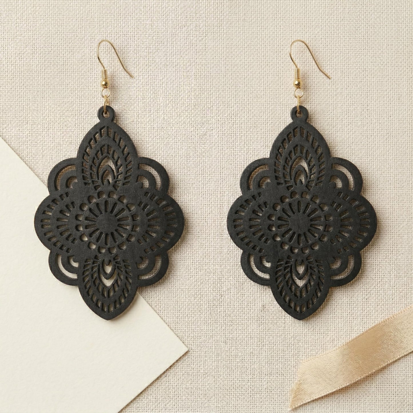 Boho Black Filigree Dangle Earrings for Women, Lightweight Hollow Lace Drop, Wood, 3.34" x 1.69", Bohemian Jewelry (Black)