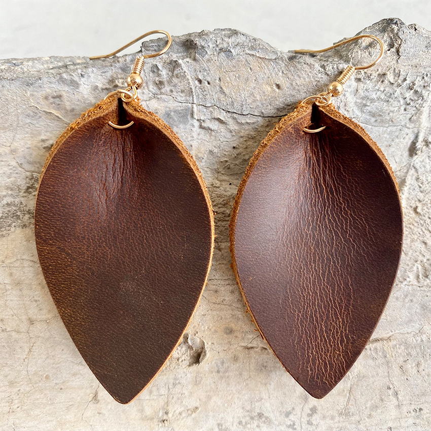 Metal Bar Leather Leaves Earrings