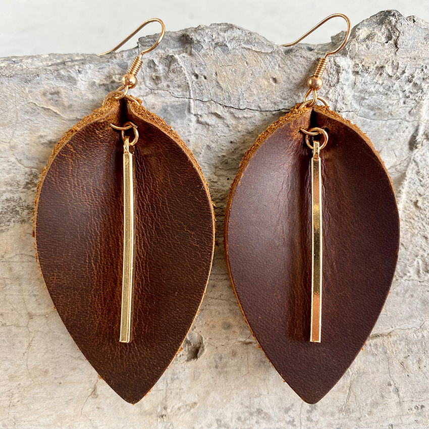 Metal Bar Leather Leaves Earrings