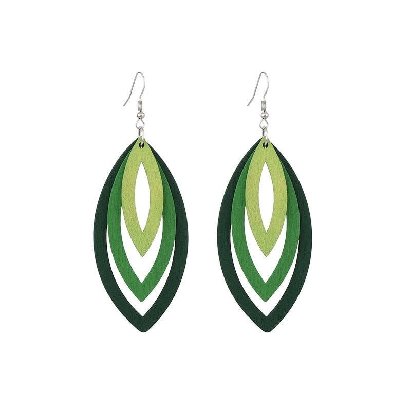 Multi-layer multi-color hollow wood pendant earrings