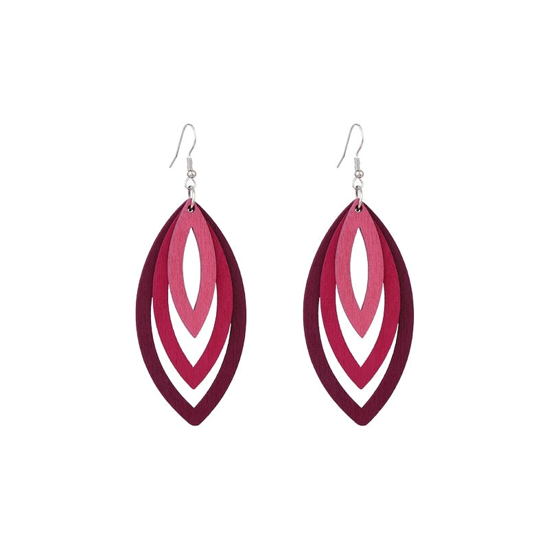 Multi-layer multi-color hollow wood pendant earrings