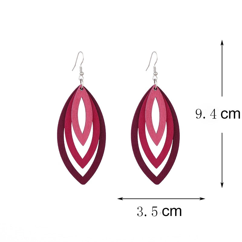 Multi-layer multi-color hollow wood pendant earrings