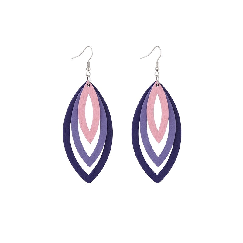 Multi-layer multi-color hollow wood pendant earrings