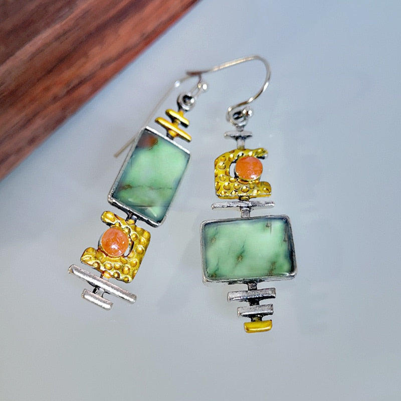 Vintage Square Green and Orange Stone Earrings